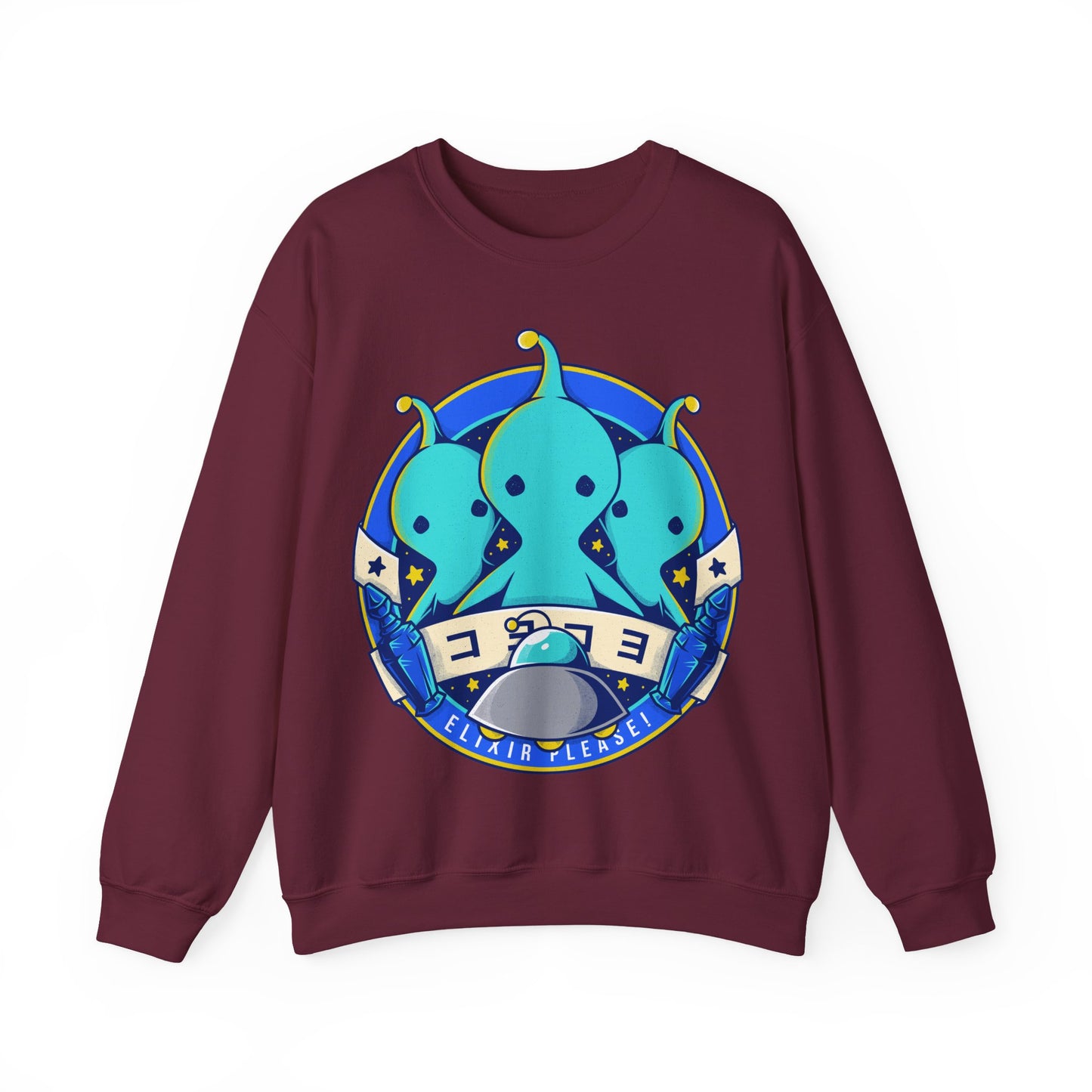 Pupu Final Fantasy crewneck sweatshirt featuring the iconic blue alien from FFVIII and FFXIV in a cute kawaii style. High-quality gamer apparel, perfect for JRPG fans, collectors, and retro gaming lovers. Exclusive Pupu alien graphic tee inspired by the UFO encounters in Final Fantasy VIII and Final Fantasy XIV. Unisex video game shirt ideal as a gift for gamers and anime fans. final fantasy viii merch, ffviii merch, ffxiv merch, final fantasy xiv merch, final fantasy viii pupu