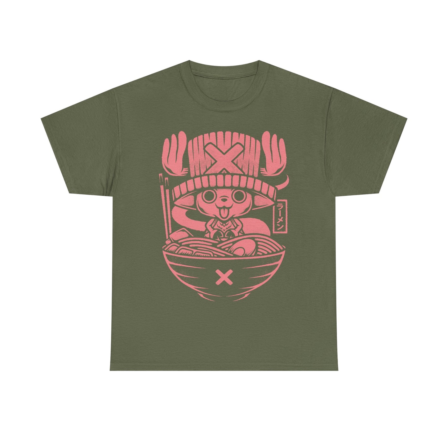 Tony Tony Chopper One Piece ramen t-shirt featuring the Straw Hat pirate doctor inside a Japanese noodle bowl in kawaii foodie anime style.