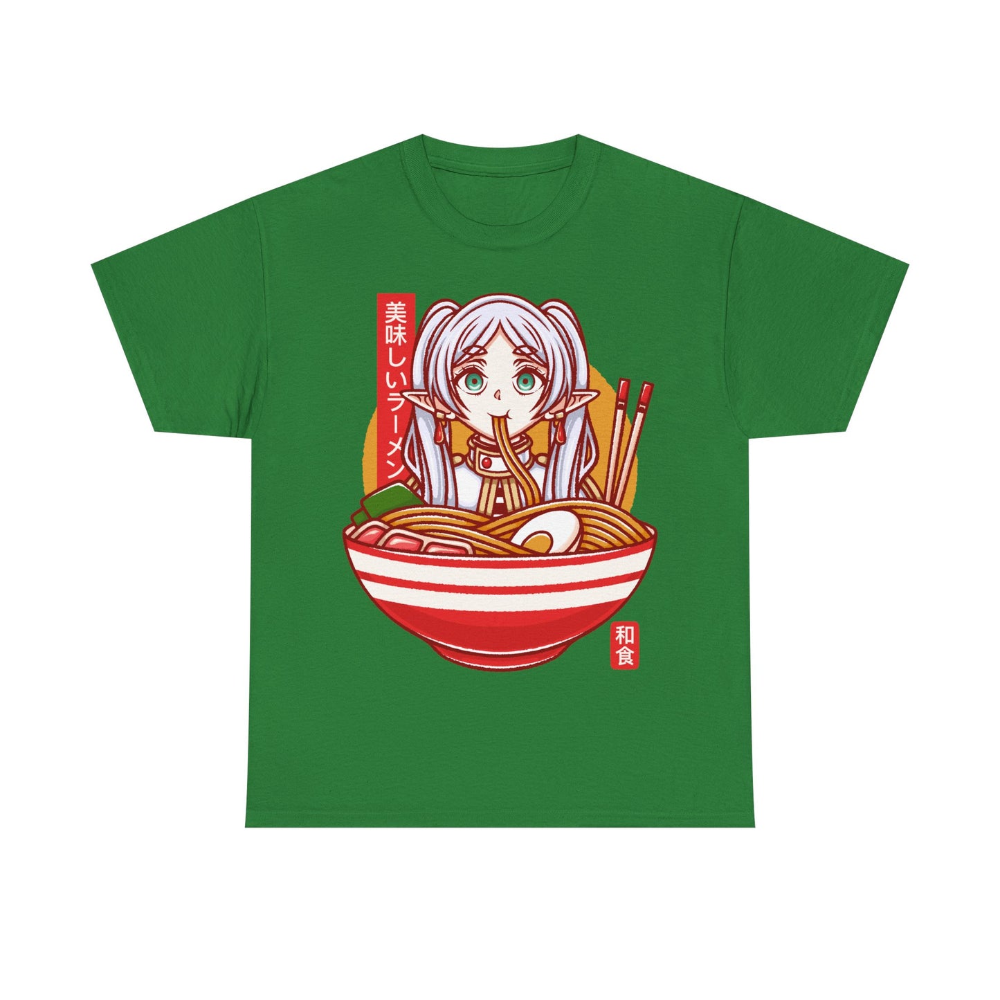 Frieren ramen t-shirt inspired by Sōsō no Frieren: Beyond Journey’s End, featuring the elf mage protagonist inside a stylized Japanese ramen bowl. This unisex anime shirt blends fantasy aesthetics with cozy ramen culture, creating a unique design for fans of the manga and anime series. Perfect anime merch for collectors, otaku enthusiasts, and lovers of Japanese art inspired apparel. Ideal t-shirt for Frieren fans and fantasy anime lovers.