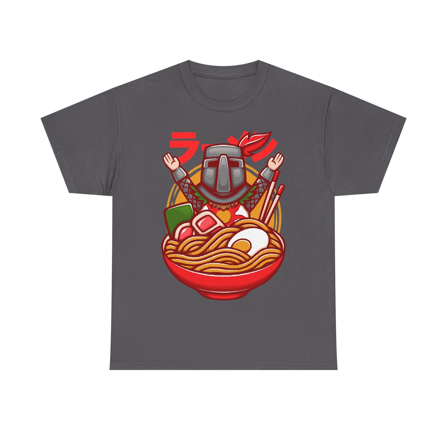 Solaire of Astora ramen t-shirt inspired by Dark Souls, featuring the iconic knight inside a stylized ramen bowl in a fun fantasy art style. This unisex gamer shirt blends action RPG energy with cozy Japanese ramen aesthetics. Perfect for fans of Dark Souls, Dark Souls II, Dark Souls III, Bloodborne, and Elden Ring. Ideal soulslike merch for collectors, FromSoftware fans, and gamers who love unique fantasy designs.