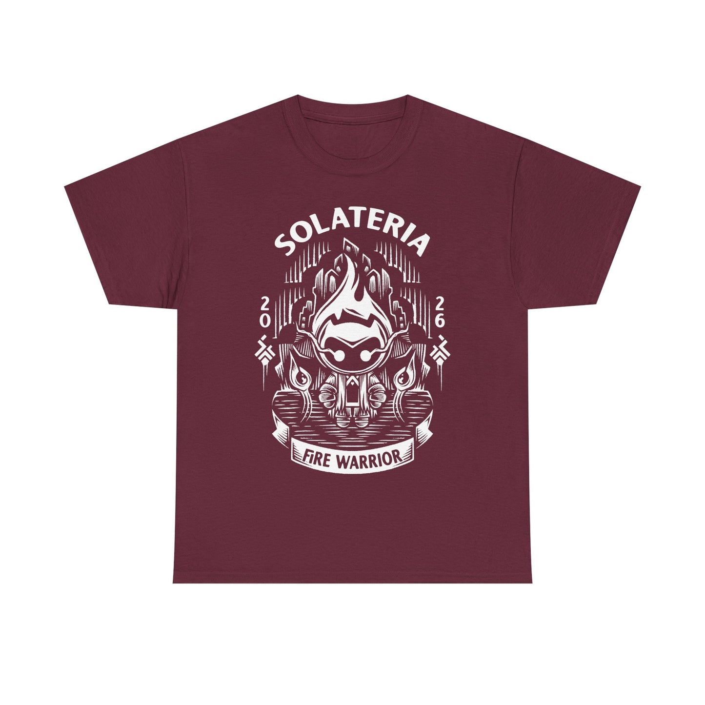 Solateria Fire Warrior t-shirt featuring the protagonist of the indie metroidvania game in a dark fantasy action platformer design.