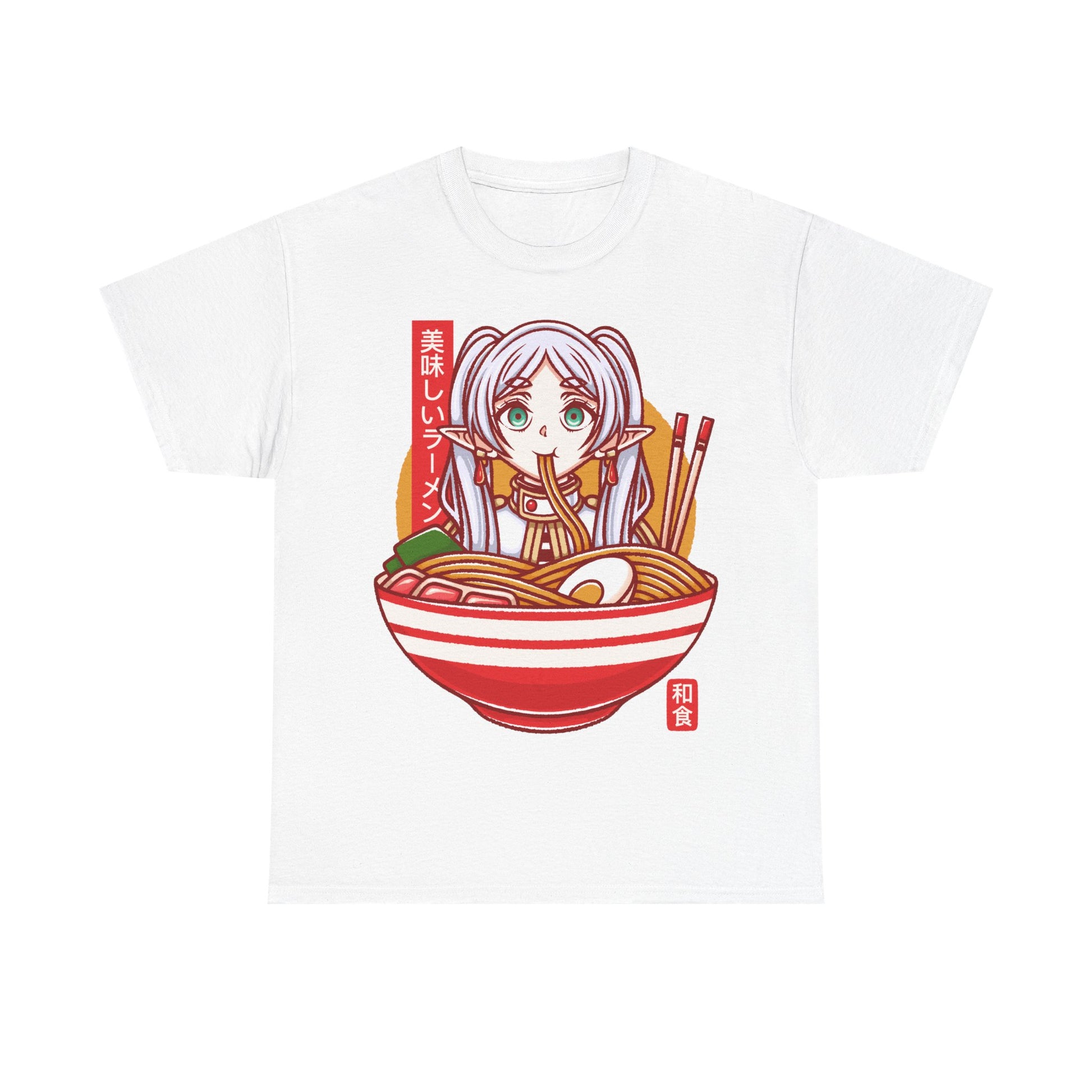 Frieren ramen t-shirt inspired by Sōsō no Frieren: Beyond Journey’s End, featuring the elf mage protagonist inside a stylized Japanese ramen bowl. This unisex anime shirt blends fantasy aesthetics with cozy ramen culture, creating a unique design for fans of the manga and anime series. Perfect anime merch for collectors, otaku enthusiasts, and lovers of Japanese art inspired apparel. Ideal t-shirt for Frieren fans and fantasy anime lovers.