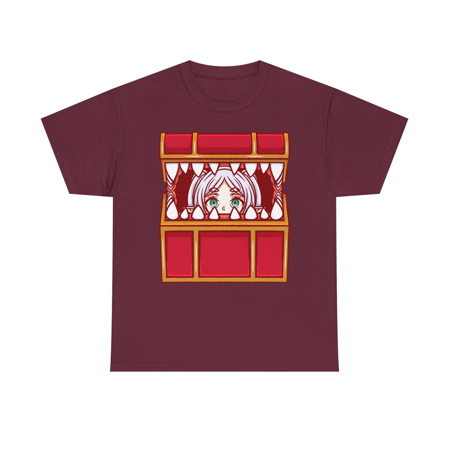 Frieren Mimic t-shirt inspired by Sōsō no Frieren: Beyond Journey’s End, featuring the elf mage protagonist being playfully eaten by a treasure chest mimic in a cute kawaii art style. This unisex anime shirt captures the viral meme loved by fans across the internet. Perfect fantasy anime merch for collectors, otaku enthusiasts, and fans of Frieren who enjoy funny dungeon moments and RPG-inspired designs.