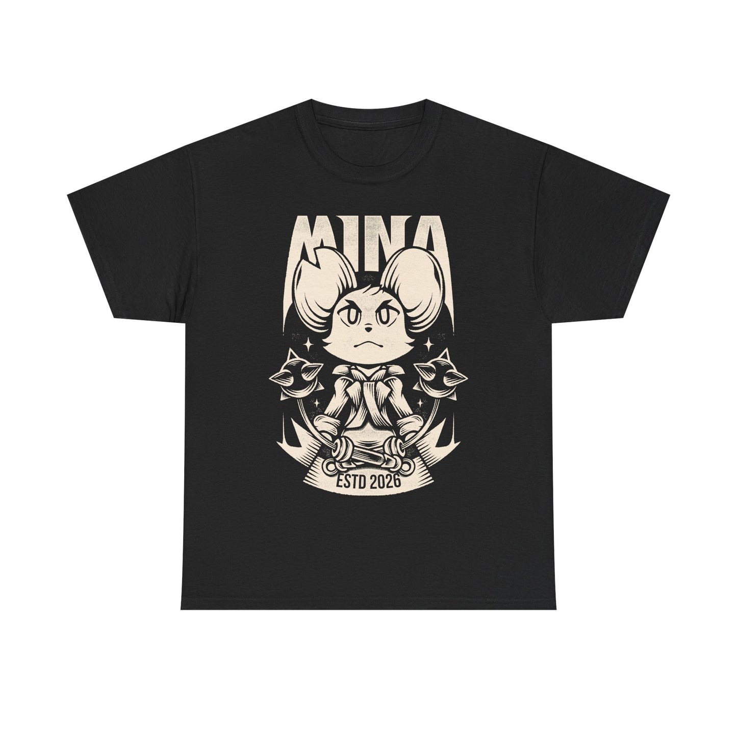 Mina the Hollower t-shirt featuring Mina wielding the Nightstar Whip in a gothic pixel art indie action RPG inspired design set in Tenebrous Isle.
