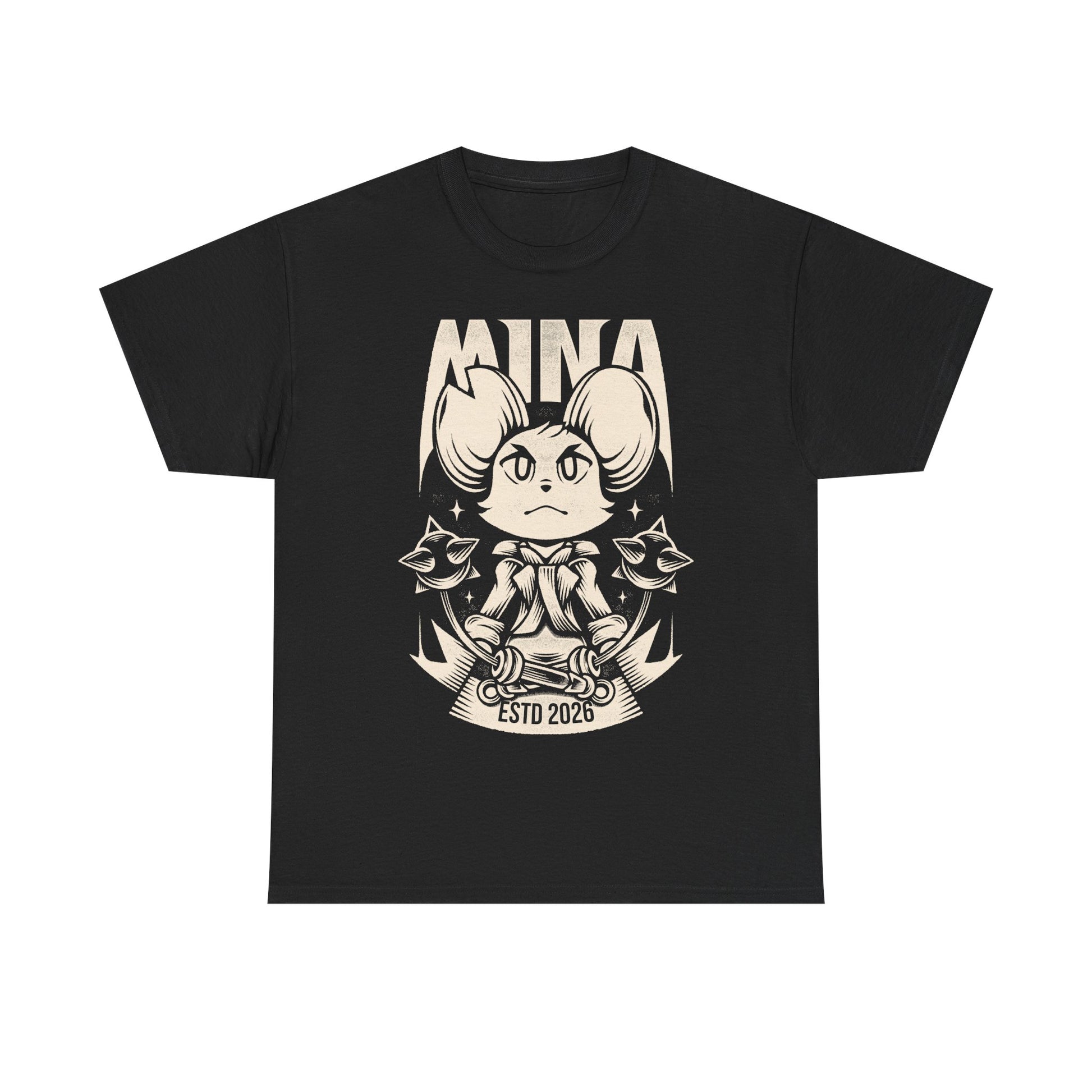 Mina the Hollower t-shirt featuring Mina wielding the Nightstar Whip in a gothic pixel art indie action RPG inspired design set in Tenebrous Isle.