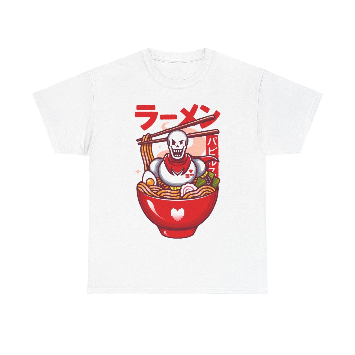 Image of a Papyrus T-shirt inspired by the indie game Undertale, featuring Papyrus sitting inside a Japanese ramen bowl in a cute kawaii art style. The design includes noodles, chopsticks and bright manga-style colors, perfect for fans of Papyrus, Sans, Undyne and the Undertale cast. Ideal for gamers who love Japanese food, ramen-themed apparel, geek culture, and unique Undertale merch with a playful aesthetic. papyrus undertale t-shirt, papyrus undertale video game merch, papyrus undertale tee