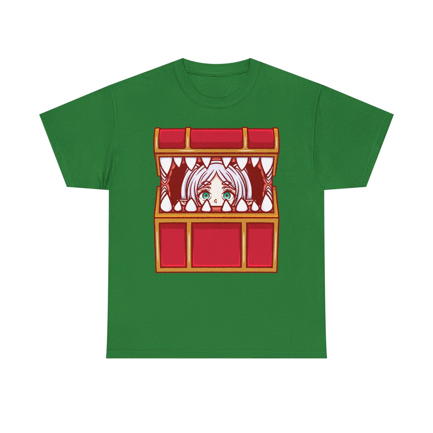 Frieren Mimic t-shirt inspired by Sōsō no Frieren: Beyond Journey’s End, featuring the elf mage protagonist being playfully eaten by a treasure chest mimic in a cute kawaii art style. This unisex anime shirt captures the viral meme loved by fans across the internet. Perfect fantasy anime merch for collectors, otaku enthusiasts, and fans of Frieren who enjoy funny dungeon moments and RPG-inspired designs.