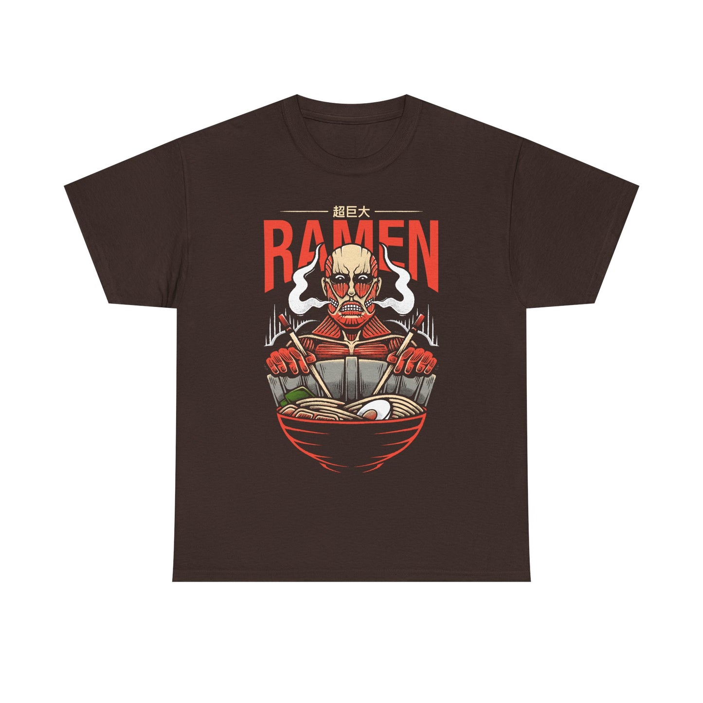 Colossal Titan Attack on Titan ramen t-shirt featuring Bertolt Hoover eating Japanese noodles with chopsticks while leaning against Wall Maria in anime foodie style.