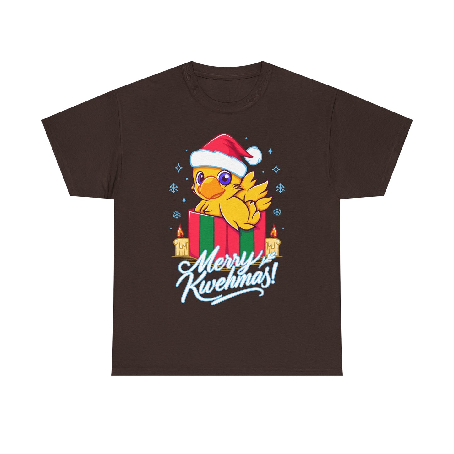 High-quality T-shirt featuring a cute Chocobo from the Final Fantasy series sitting inside a Christmas gift box and wearing a festive Santa hat. The design blends JRPG charm with adorable holiday aesthetics, making it perfect for fans of Chocobos, Christmas gaming apparel, and cute kawaii art. Ideal for gifting, collectors, and gamers who enjoy cozy festive clothing. Soft unisex tee suitable for daily wear during the holiday season. cute chocobo kawaii t-shirt, final fantasy christmas t-shirt