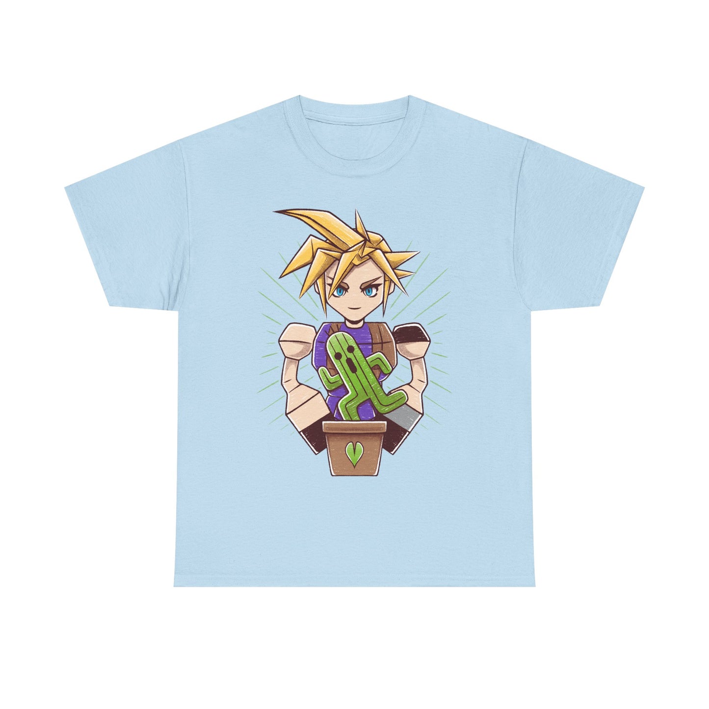Final Fantasy VII t-shirt featuring Cloud Strife caring for a garden of Cactuars inspired by the legendary 10,000 Needles attack.