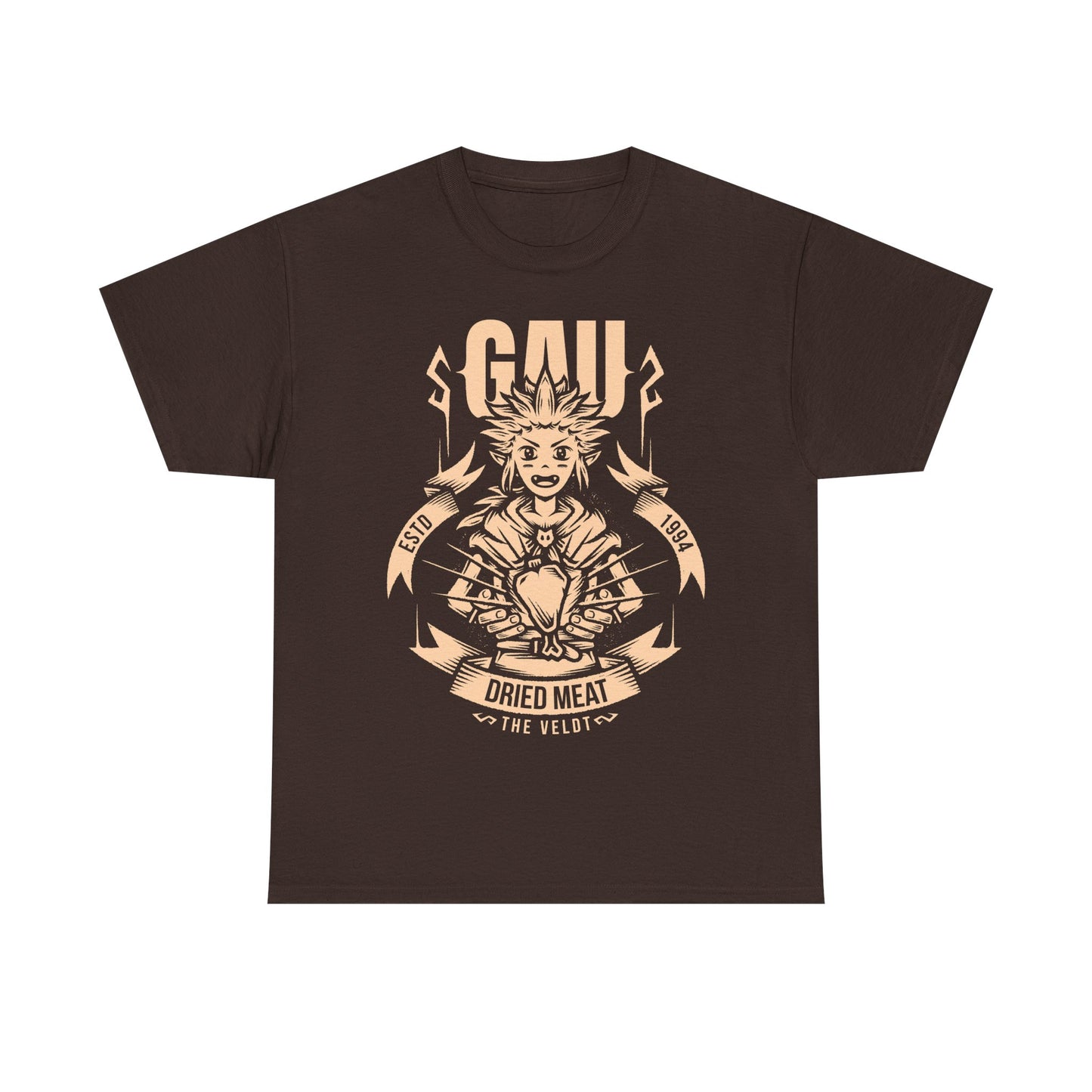 Gau Final Fantasy VI t-shirt featuring the Veldt recruitment scene with Sabin and Cyan using dried meat in the classic FF6 retro RPG. Perfect tee for Final Fantasy 6 gamers who wants unique merch.