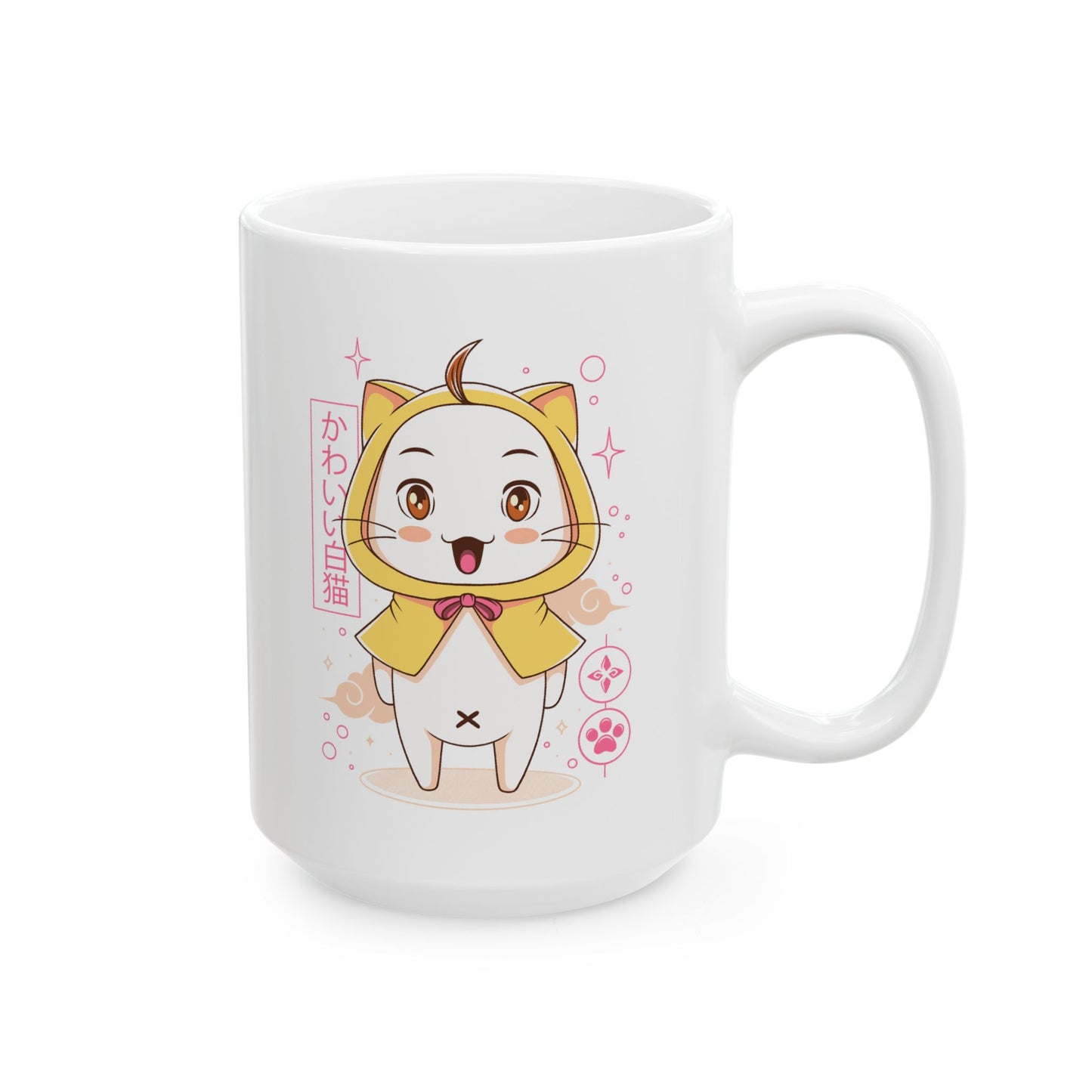 White Cat with Yellow Cape Ceramic Coffee Cups, 11oz, 15oz