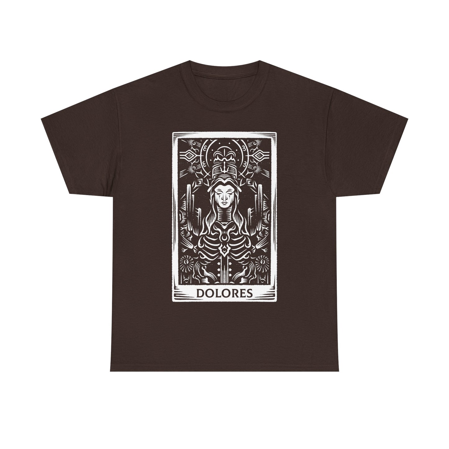 Madre Dolores tarot card t-shirt inspired by Crisol Theater of Idols, gothic horror dark fantasy tarot design featuring the mysterious character in occult tarot card style artwork.