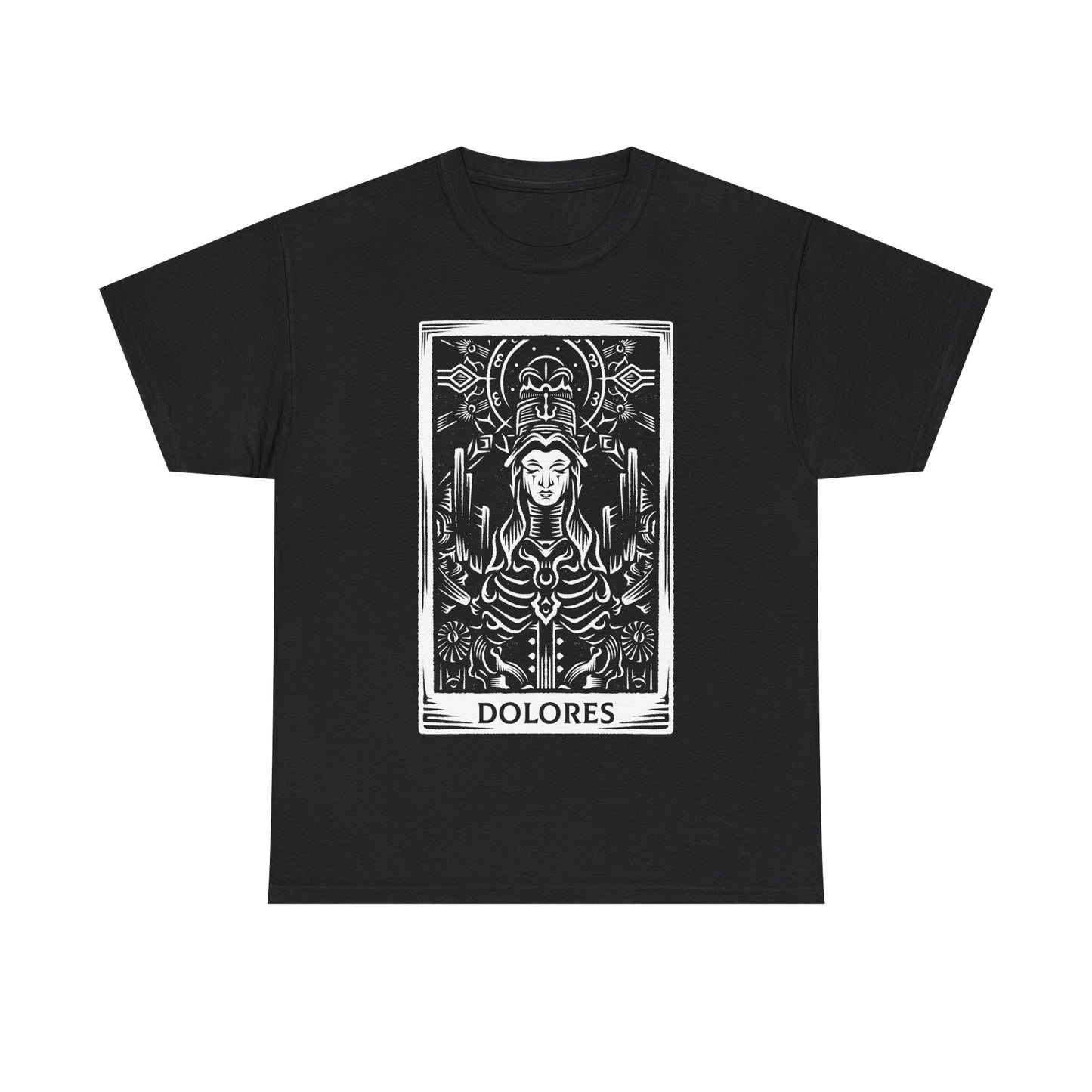 Madre Dolores tarot card t-shirt inspired by Crisol Theater of Idols, gothic horror dark fantasy tarot design featuring the mysterious character in occult tarot card style artwork.