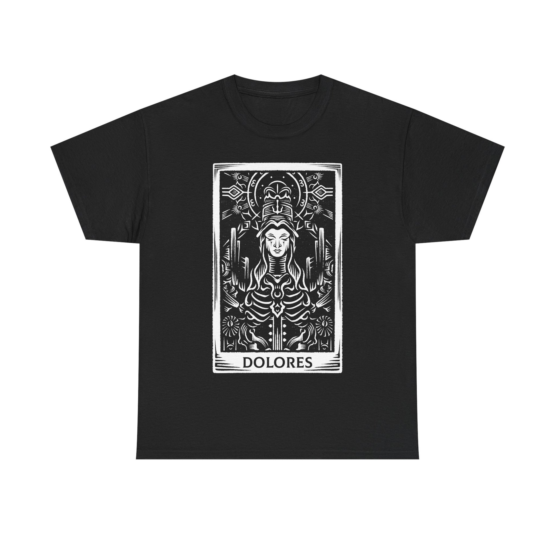 Madre Dolores tarot card t-shirt inspired by Crisol Theater of Idols, gothic horror dark fantasy tarot design featuring the mysterious character in occult tarot card style artwork.