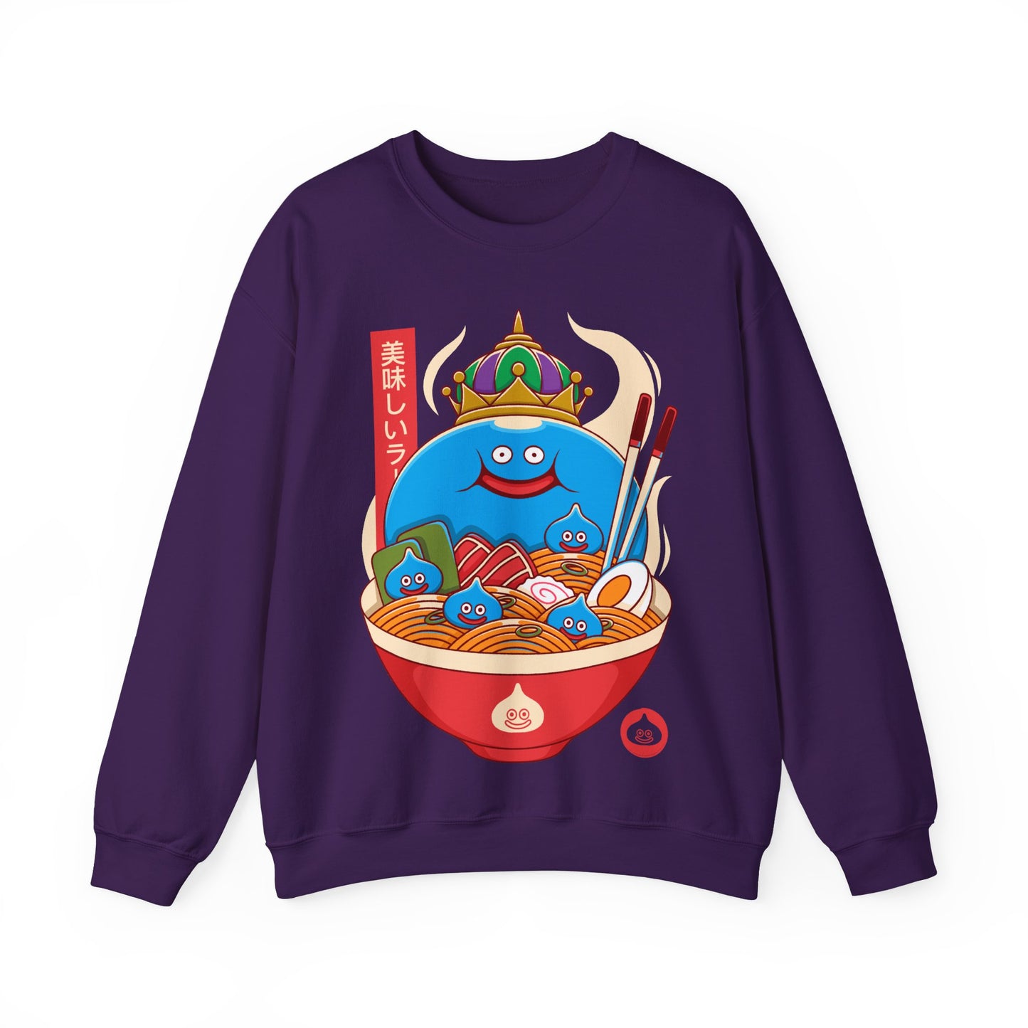 Cozy crewneck sweatshirt featuring King Slime from Dragon Quest sitting inside a detailed ramen bowl. The design blends Japanese food art, JRPG fantasy, and cute gamer aesthetics, making it perfect for fans of slimes, retro RPGs, and ramen culture. High-quality print with vibrant colors, ideal for collectors of Dragon Quest merch, Japanese-inspired apparel, and gaming streetwear. dragon quest video games merch, dragon quest crewneck sweatshirt, dragon quest hoodie, dragon quest king slime merch