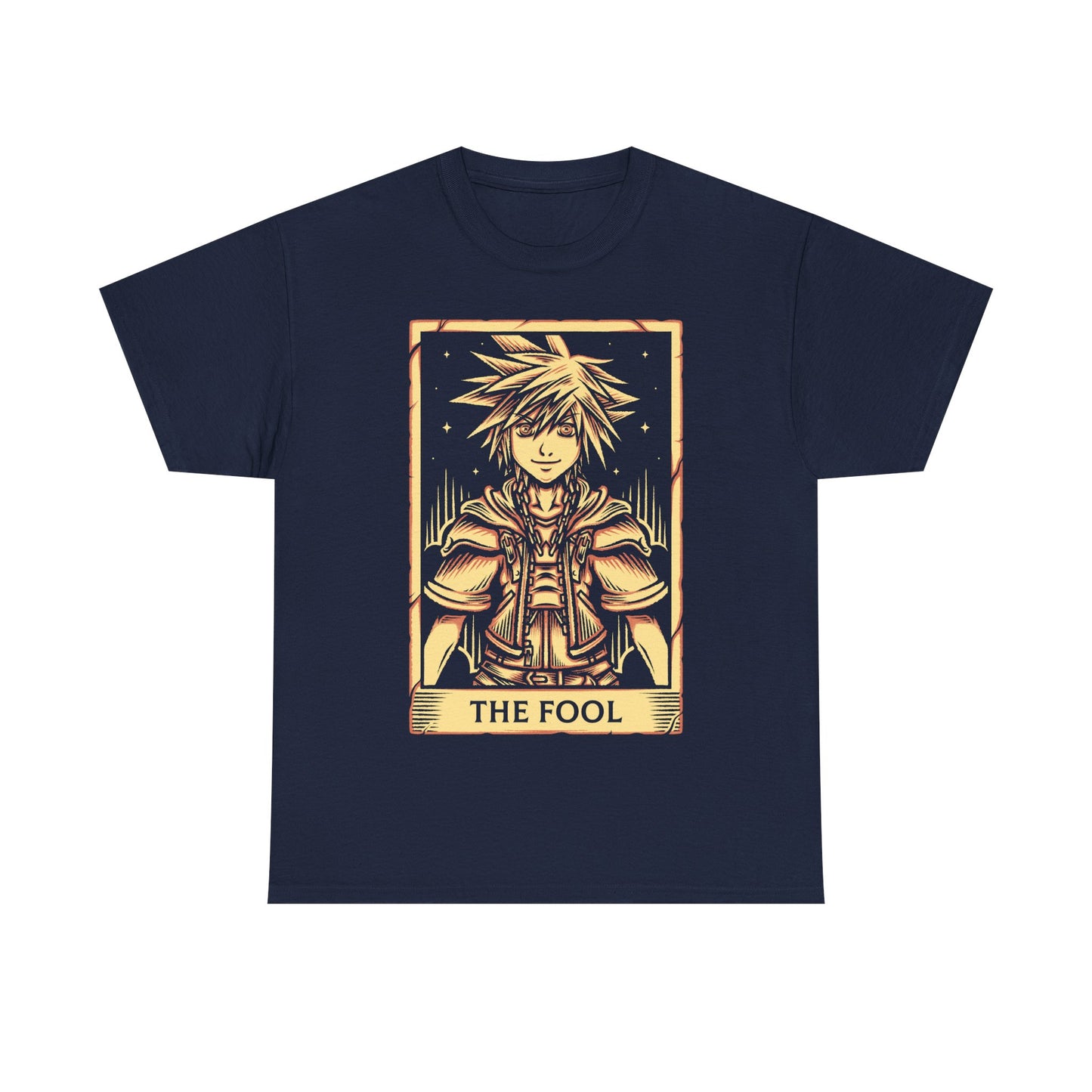 Sora from Kingdom Hearts t-shirt featuring the Keyblade wielder hero from the iconic fantasy RPG video game series in tarot card art style as the fool.