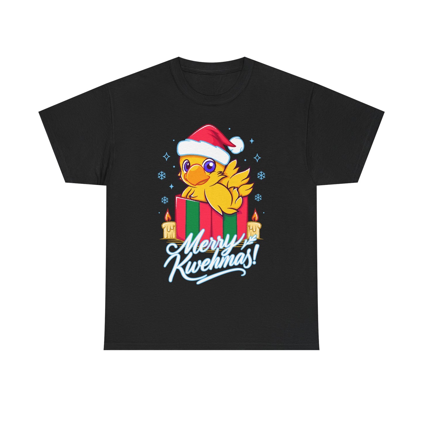 High-quality T-shirt featuring a cute Chocobo from the Final Fantasy series sitting inside a Christmas gift box and wearing a festive Santa hat. The design blends JRPG charm with adorable holiday aesthetics, making it perfect for fans of Chocobos, Christmas gaming apparel, and cute kawaii art. Ideal for gifting, collectors, and gamers who enjoy cozy festive clothing. Soft unisex tee suitable for daily wear during the holiday season. cute chocobo kawaii t-shirt, final fantasy christmas t-shirt