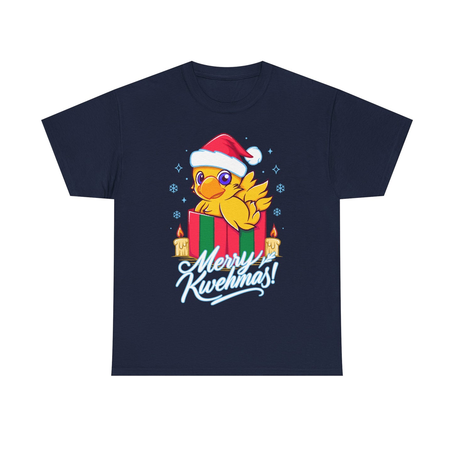 High-quality T-shirt featuring a cute Chocobo from the Final Fantasy series sitting inside a Christmas gift box and wearing a festive Santa hat. The design blends JRPG charm with adorable holiday aesthetics, making it perfect for fans of Chocobos, Christmas gaming apparel, and cute kawaii art. Ideal for gifting, collectors, and gamers who enjoy cozy festive clothing. Soft unisex tee suitable for daily wear during the holiday season. cute chocobo kawaii t-shirt, final fantasy christmas t-shirt