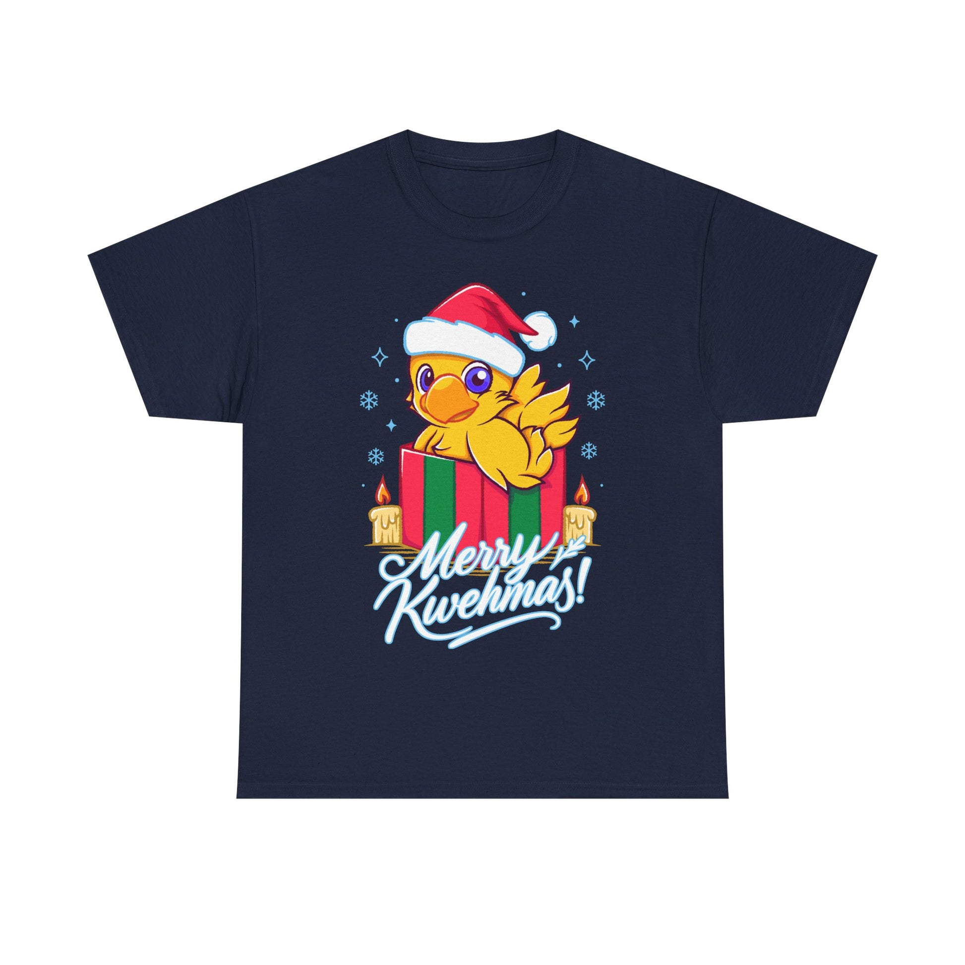 High-quality T-shirt featuring a cute Chocobo from the Final Fantasy series sitting inside a Christmas gift box and wearing a festive Santa hat. The design blends JRPG charm with adorable holiday aesthetics, making it perfect for fans of Chocobos, Christmas gaming apparel, and cute kawaii art. Ideal for gifting, collectors, and gamers who enjoy cozy festive clothing. Soft unisex tee suitable for daily wear during the holiday season. cute chocobo kawaii t-shirt, final fantasy christmas t-shirt