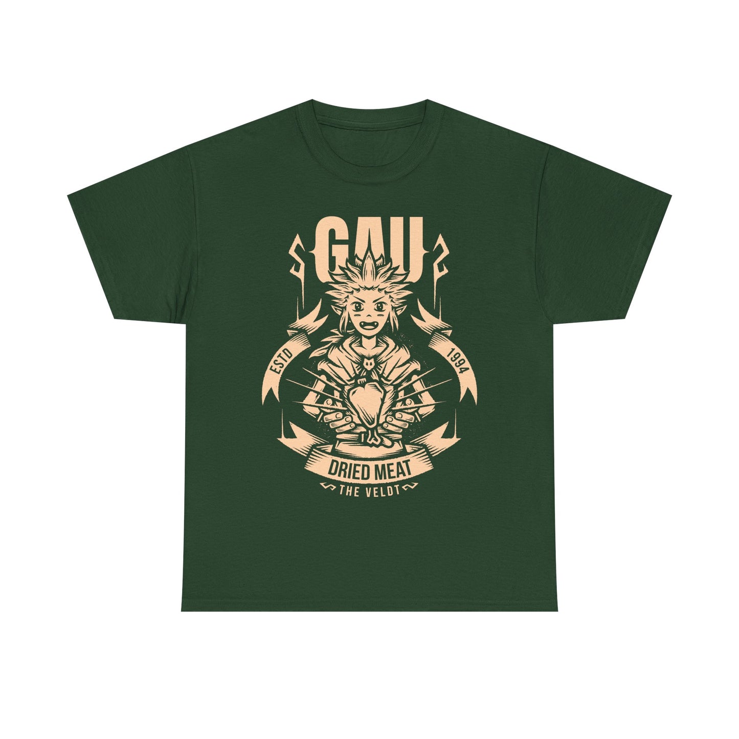 Gau Final Fantasy VI t-shirt featuring the Veldt recruitment scene with Sabin and Cyan using dried meat in the classic FF6 retro RPG. Perfect tee for Final Fantasy 6 gamers who wants unique merch.