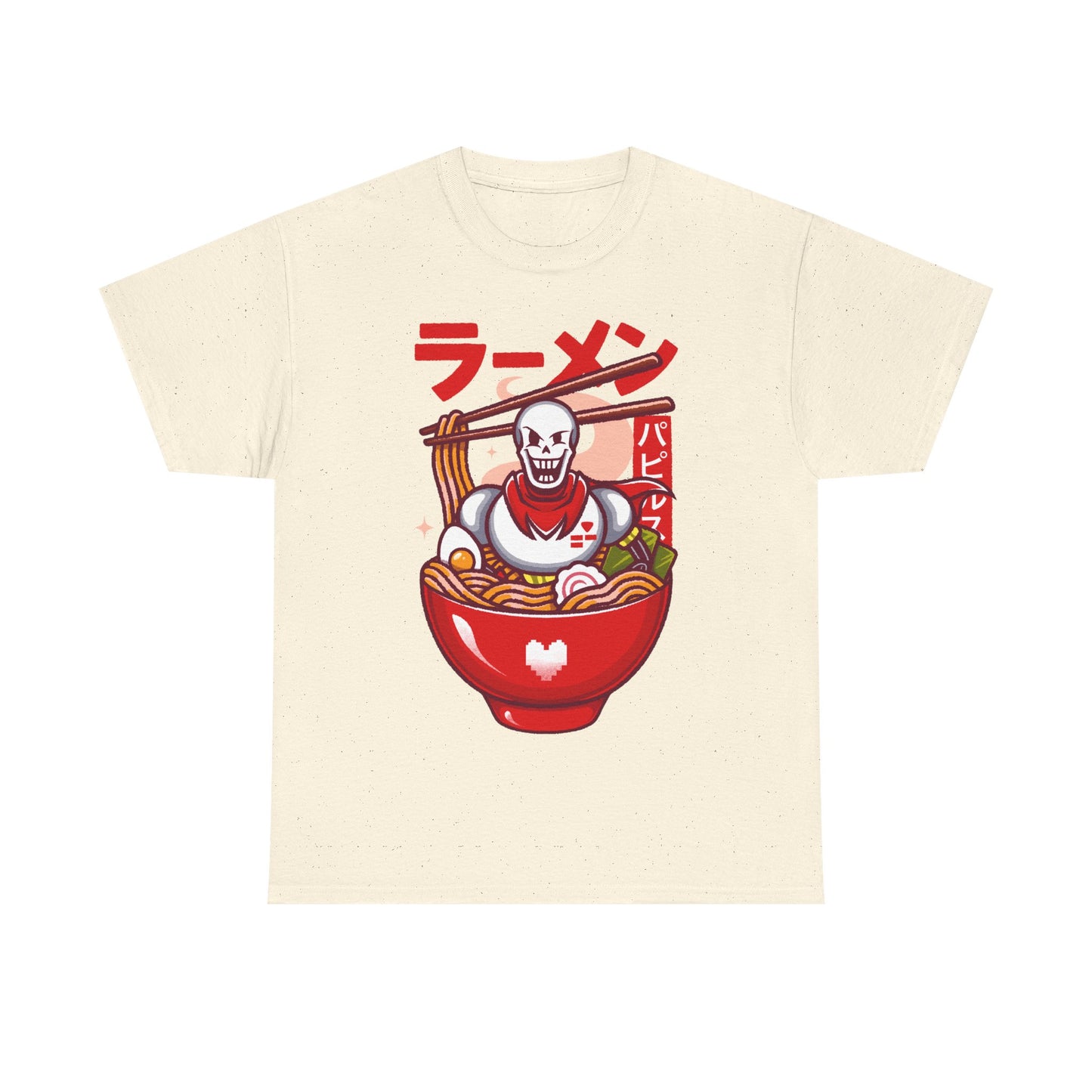 Image of a Papyrus T-shirt inspired by the indie game Undertale, featuring Papyrus sitting inside a Japanese ramen bowl in a cute kawaii art style. The design includes noodles, chopsticks and bright manga-style colors, perfect for fans of Papyrus, Sans, Undyne and the Undertale cast. Ideal for gamers who love Japanese food, ramen-themed apparel, geek culture, and unique Undertale merch with a playful aesthetic. papyrus undertale t-shirt, papyrus undertale video game merch, papyrus undertale tee