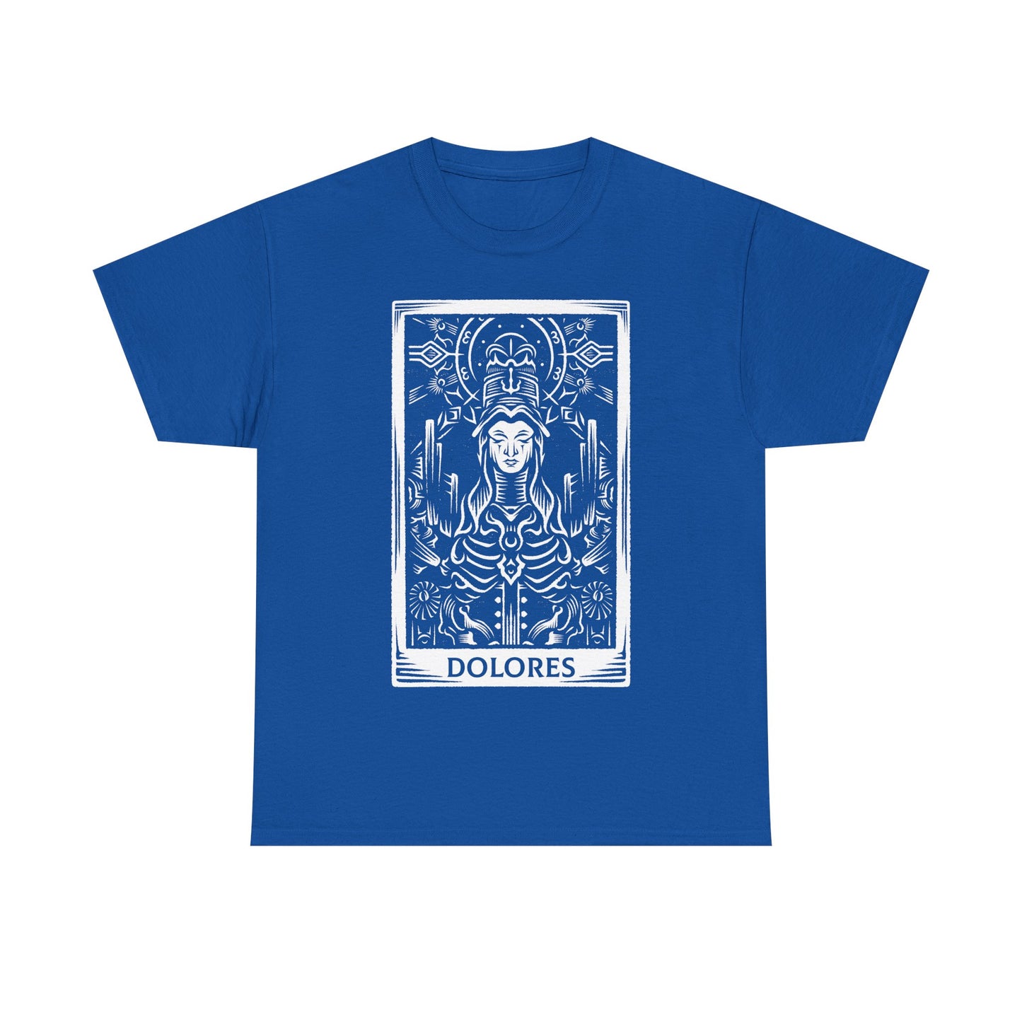 Madre Dolores tarot card t-shirt inspired by Crisol Theater of Idols, gothic horror dark fantasy tarot design featuring the mysterious character in occult tarot card style artwork.