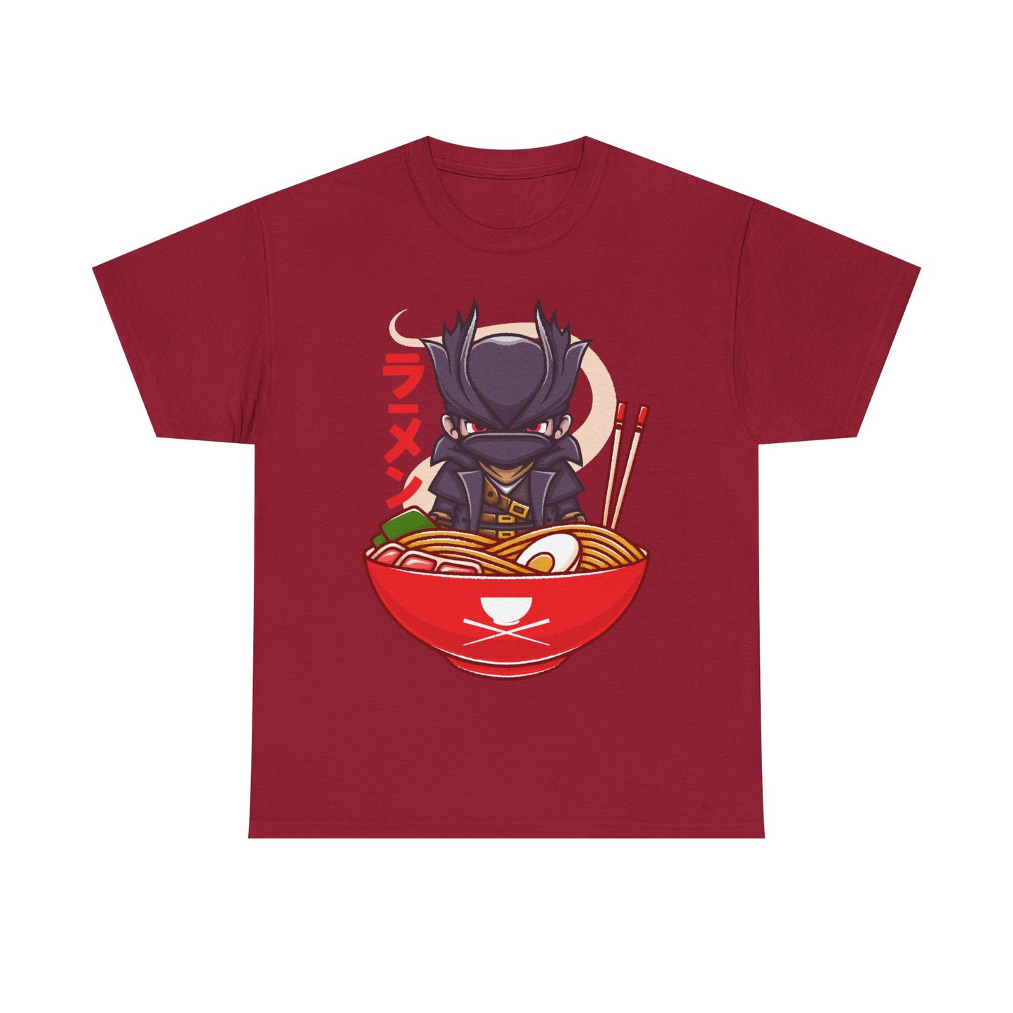 Bloodborne Hunter ramen t-shirt inspired by the gothic action RPG video game Bloodborne. Featuring the iconic Hunter inside a ramen bowl in a dark fantasy art style, this unisex gamer shirt blends Victorian horror aesthetics with playful Japanese food design. Perfect Soulsborne merch for fans of challenging action RPGs, gothic atmospheres, and cult classic PlayStation titles. Gamer shirt inspired by The Hunter main character of Bloodborne video game in a ramen bowl in kawaii art style.