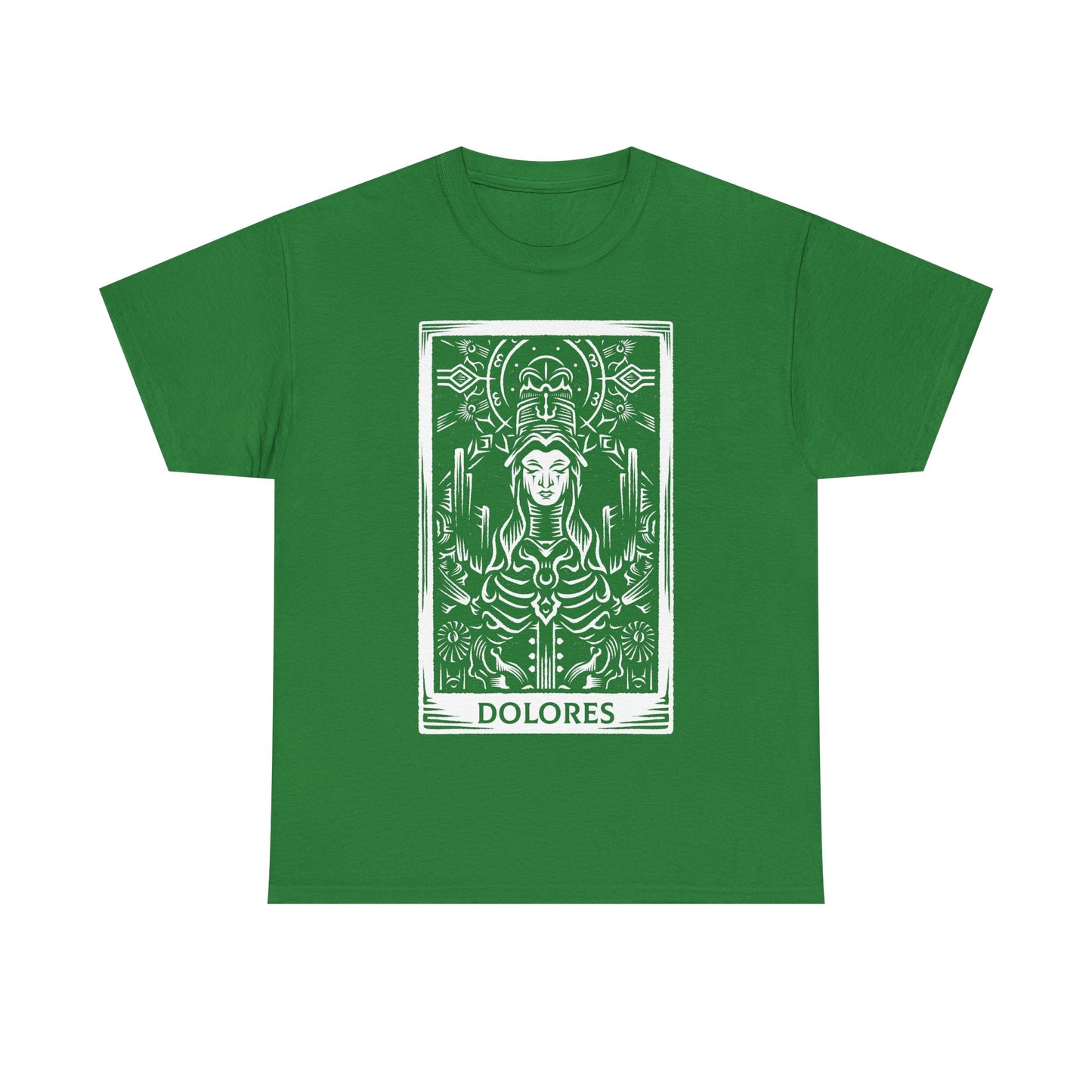 Madre Dolores tarot card t-shirt inspired by Crisol Theater of Idols, gothic horror dark fantasy tarot design featuring the mysterious character in occult tarot card style artwork.