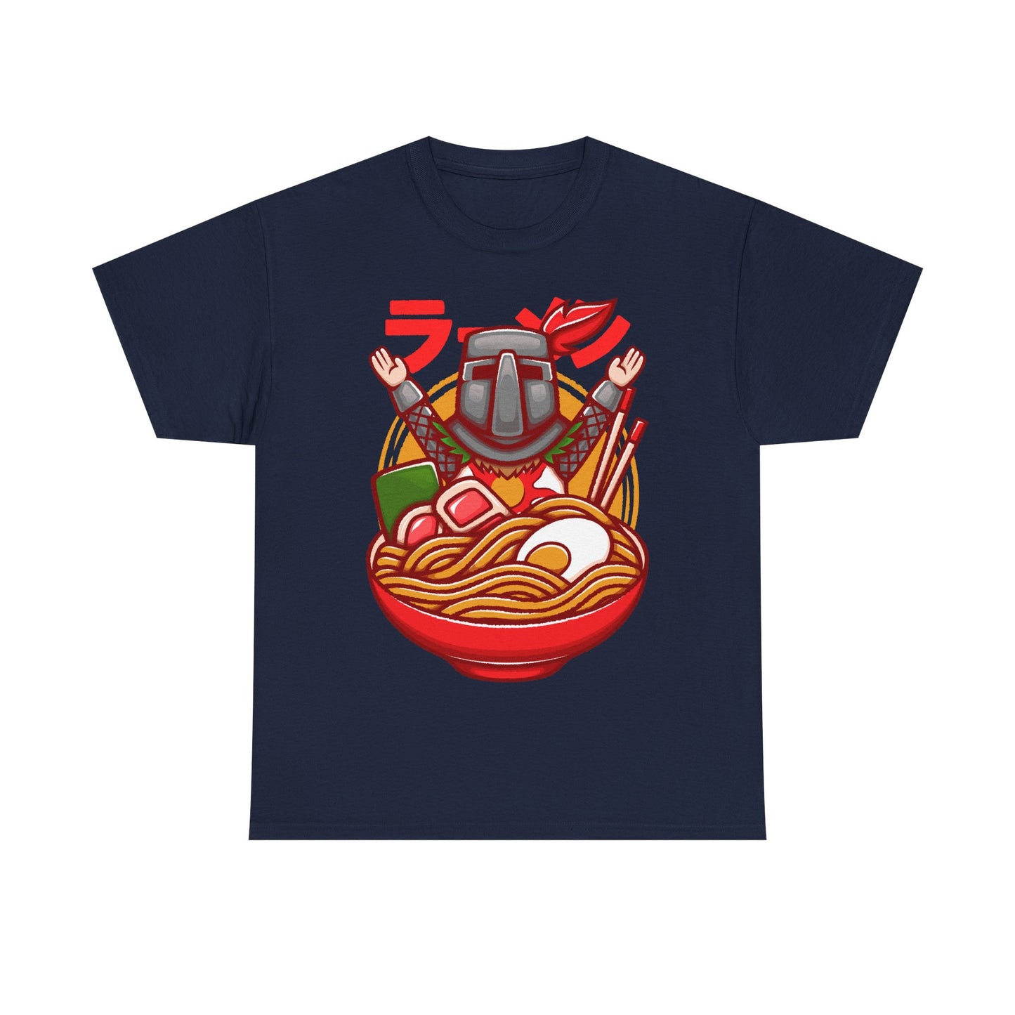 Solaire of Astora ramen t-shirt inspired by Dark Souls, featuring the iconic knight inside a stylized ramen bowl in a fun fantasy art style. This unisex gamer shirt blends action RPG energy with cozy Japanese ramen aesthetics. Perfect for fans of Dark Souls, Dark Souls II, Dark Souls III, Bloodborne, and Elden Ring. Ideal soulslike merch for collectors, FromSoftware fans, and gamers who love unique fantasy designs.