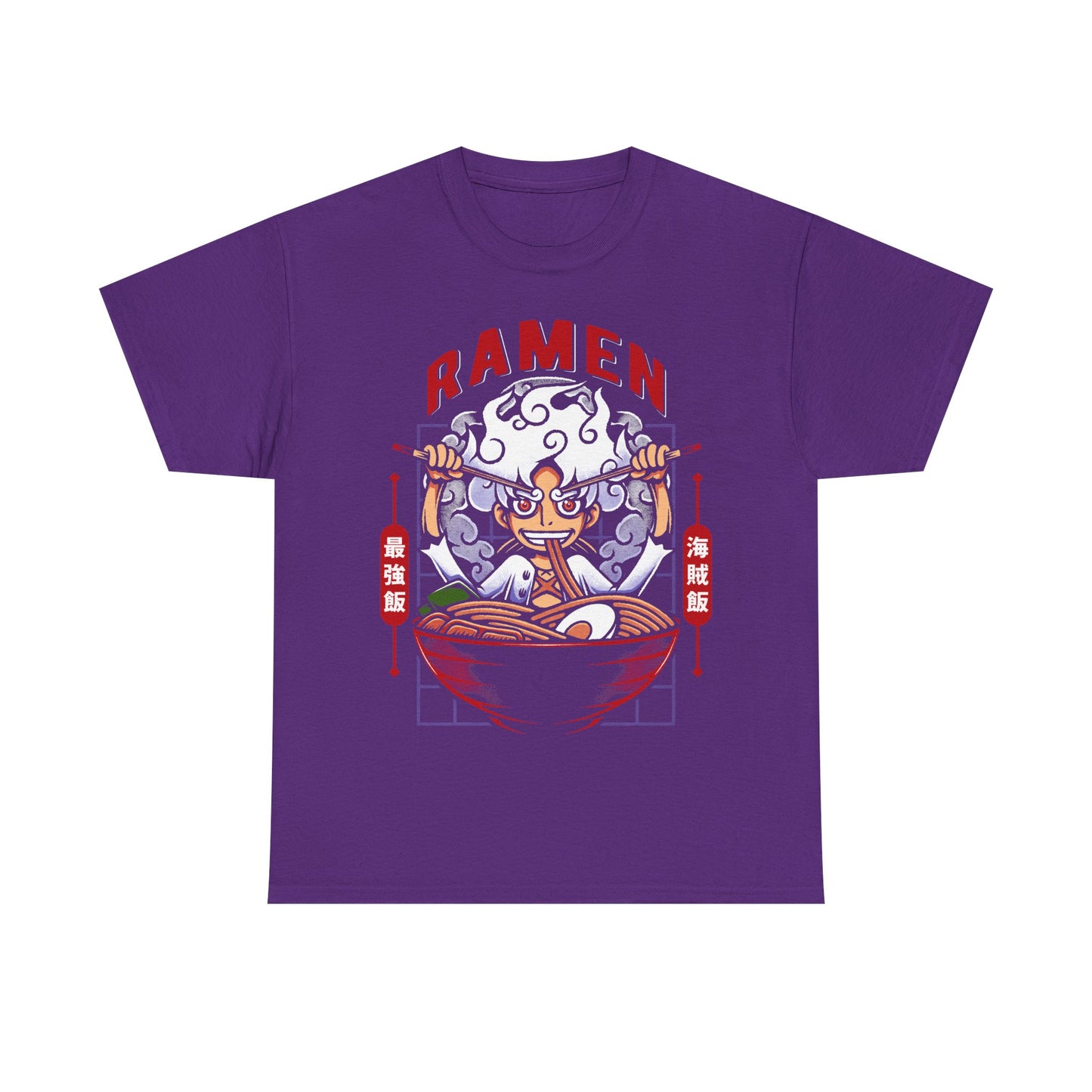 Gear 5 Luffy One Piece ramen t-shirt featuring Sun God Nika inside a Japanese noodle bowl with chopsticks in a foodie anime streetwear design inspired by the Straw Hat Pirates.