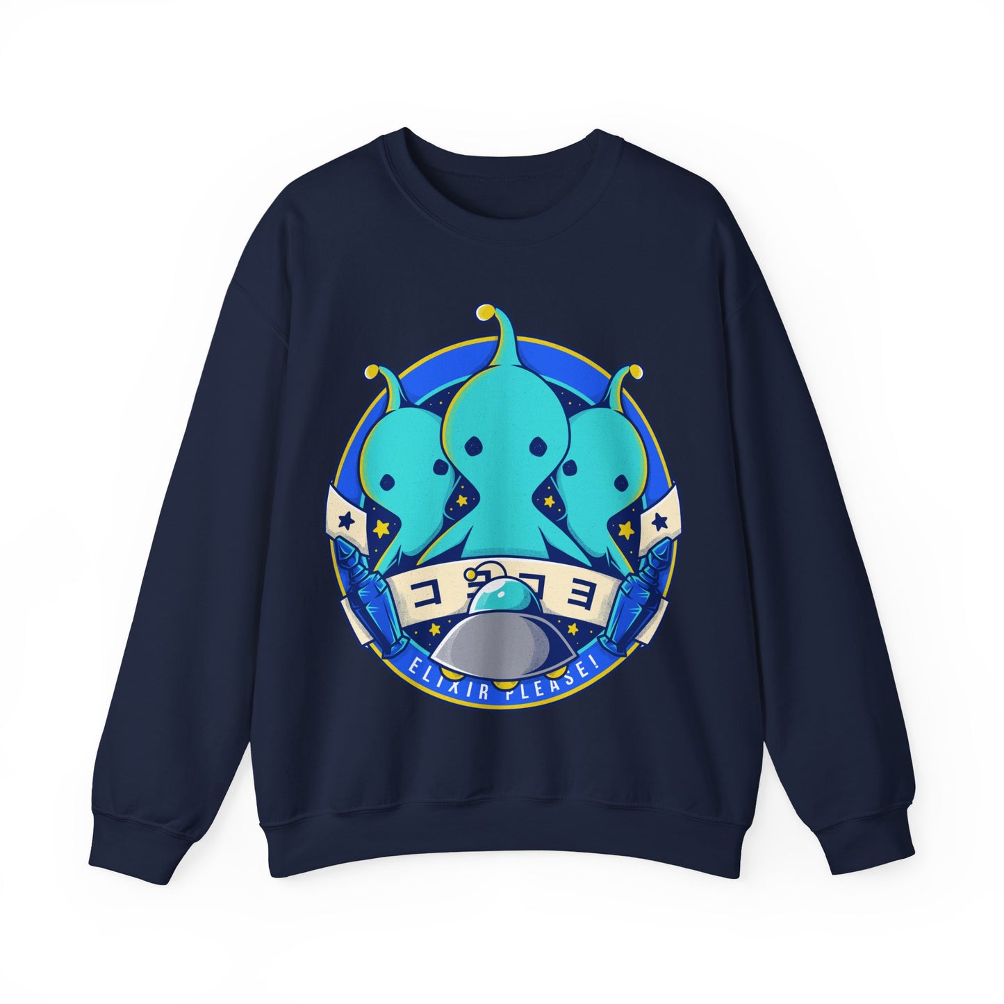 Pupu Final Fantasy crewneck sweatshirt featuring the iconic blue alien from FFVIII and FFXIV in a cute kawaii style. High-quality gamer apparel, perfect for JRPG fans, collectors, and retro gaming lovers. Exclusive Pupu alien graphic tee inspired by the UFO encounters in Final Fantasy VIII and Final Fantasy XIV. Unisex video game shirt ideal as a gift for gamers and anime fans. final fantasy viii merch, ffviii merch, ffxiv merch, final fantasy xiv merch, final fantasy viii pupu