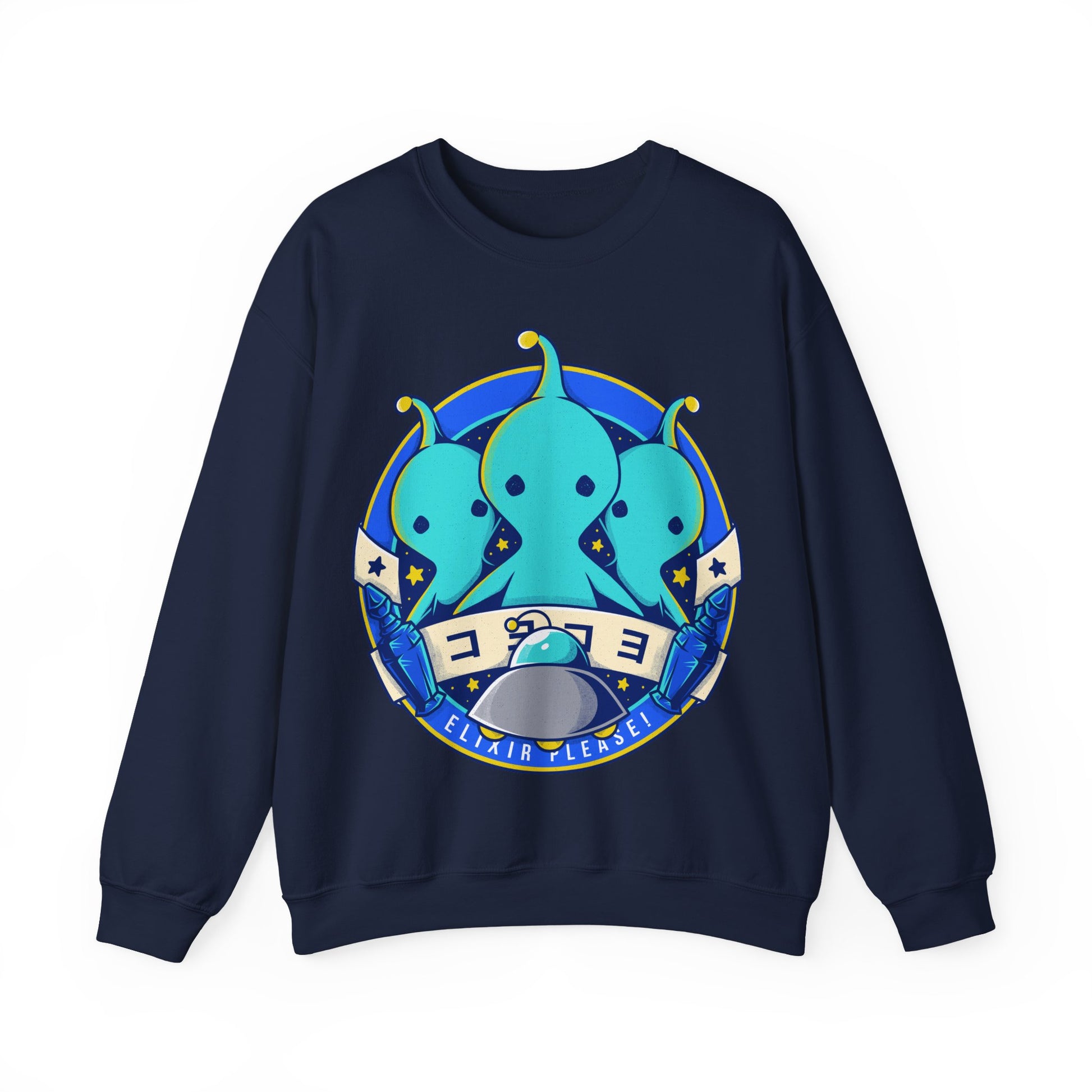 Pupu Final Fantasy crewneck sweatshirt featuring the iconic blue alien from FFVIII and FFXIV in a cute kawaii style. High-quality gamer apparel, perfect for JRPG fans, collectors, and retro gaming lovers. Exclusive Pupu alien graphic tee inspired by the UFO encounters in Final Fantasy VIII and Final Fantasy XIV. Unisex video game shirt ideal as a gift for gamers and anime fans. final fantasy viii merch, ffviii merch, ffxiv merch, final fantasy xiv merch, final fantasy viii pupu