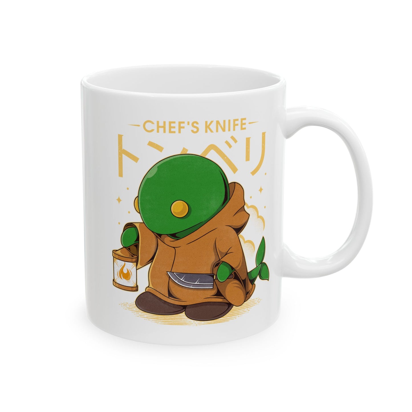 High-quality ceramic mug featuring Tonberry, the iconic and deadly enemy from the Final Fantasy RPG series. The design showcases Tonberry’s lantern and dagger in a cute yet intimidating style, perfect for JRPG fans and retro gamers. Durable ceramic construction makes it ideal for coffee, tea, or display. A great collectible for Final Fantasy enthusiasts, gaming merch lovers, and anyone who enjoys unique video game drinkware.