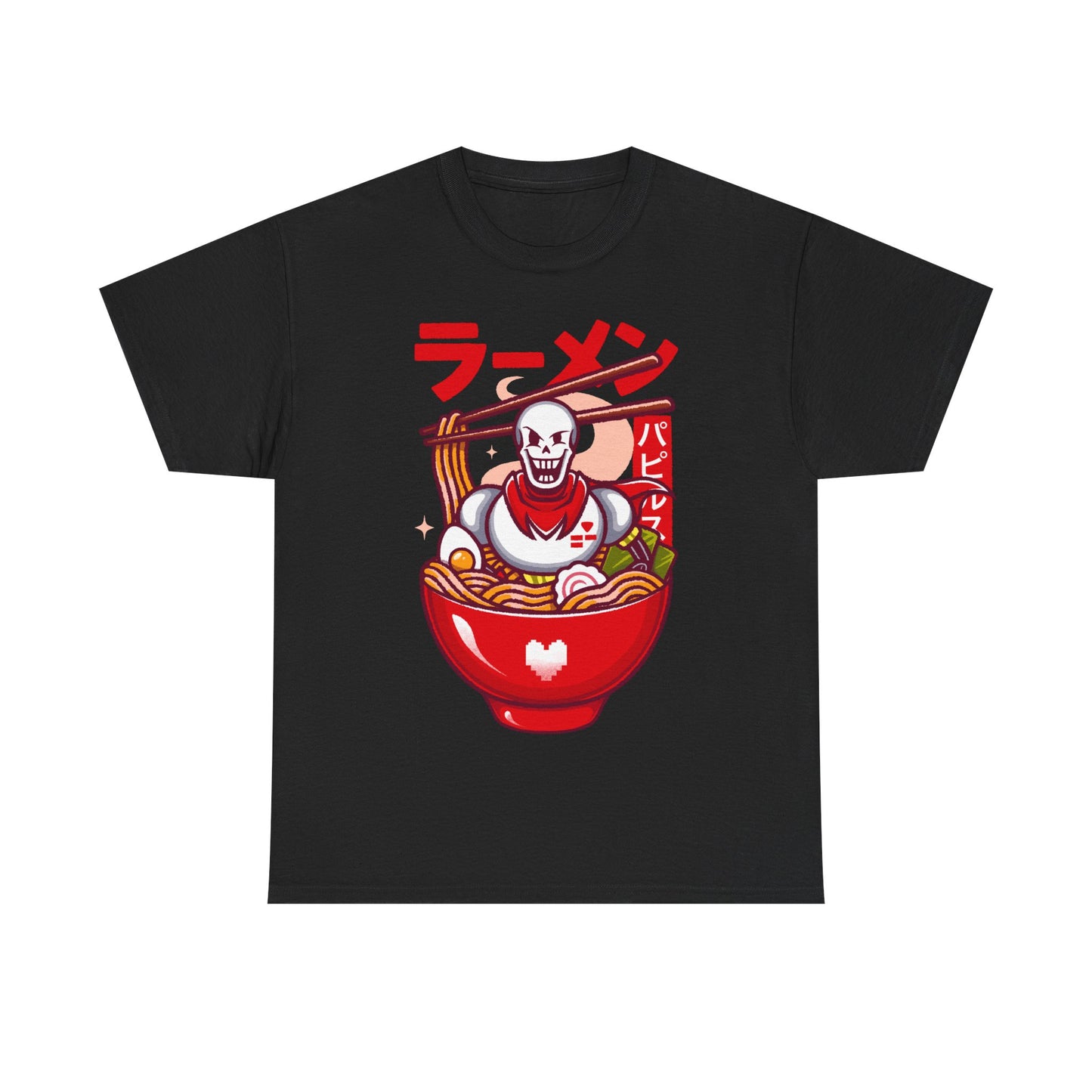 Image of a Papyrus T-shirt inspired by the indie game Undertale, featuring Papyrus sitting inside a Japanese ramen bowl in a cute kawaii art style. The design includes noodles, chopsticks and bright manga-style colors, perfect for fans of Papyrus, Sans, Undyne and the Undertale cast. Ideal for gamers who love Japanese food, ramen-themed apparel, geek culture, and unique Undertale merch with a playful aesthetic. papyrus undertale t-shirt, papyrus undertale video game merch, papyrus undertale tee