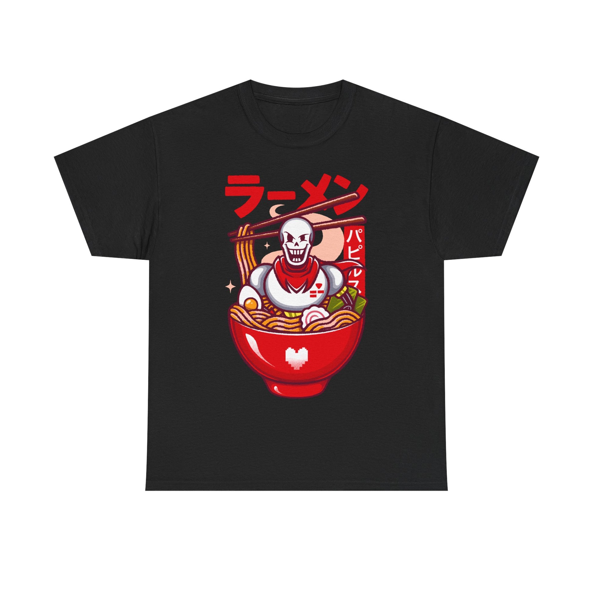 Image of a Papyrus T-shirt inspired by the indie game Undertale, featuring Papyrus sitting inside a Japanese ramen bowl in a cute kawaii art style. The design includes noodles, chopsticks and bright manga-style colors, perfect for fans of Papyrus, Sans, Undyne and the Undertale cast. Ideal for gamers who love Japanese food, ramen-themed apparel, geek culture, and unique Undertale merch with a playful aesthetic. papyrus undertale t-shirt, papyrus undertale video game merch, papyrus undertale tee
