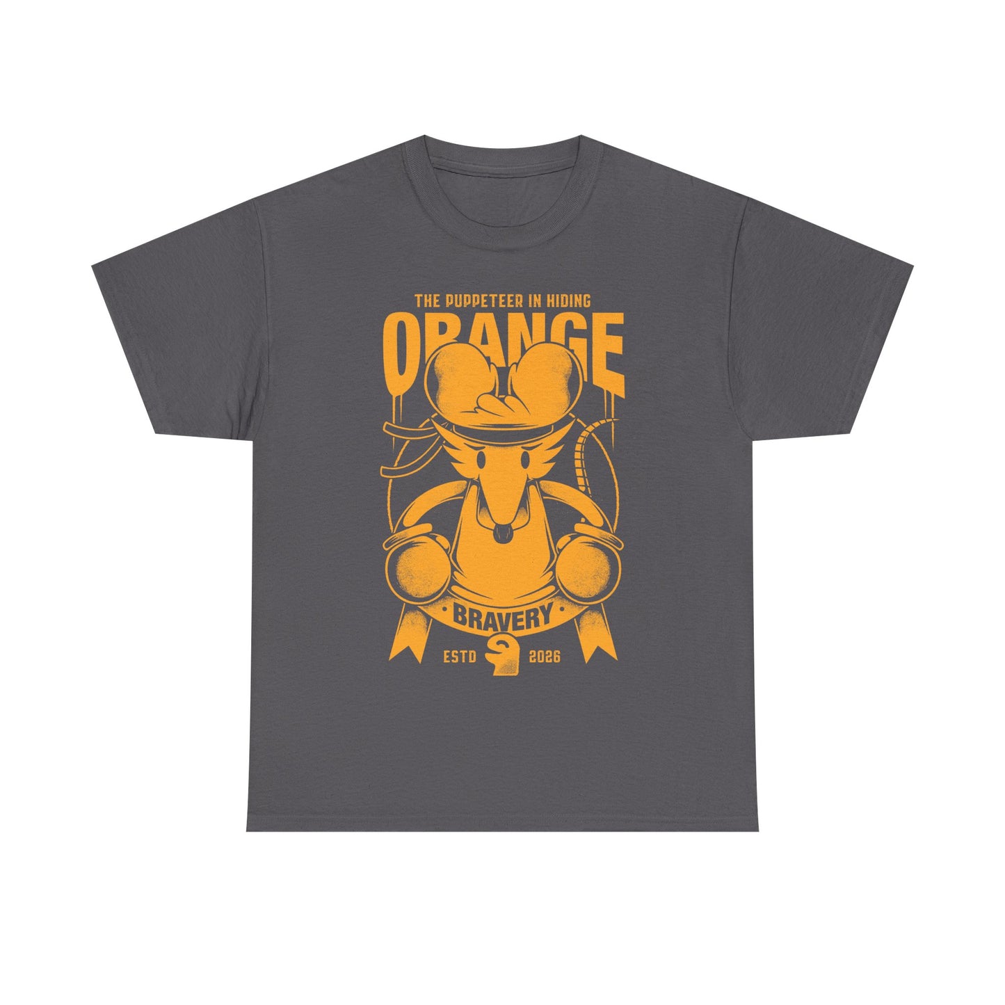 Orange Flower t-shirt inspired by Deltarune Chapter 5 featuring the Bravery SOUL flower with hidden puppeteer references in a vintage emblem style.