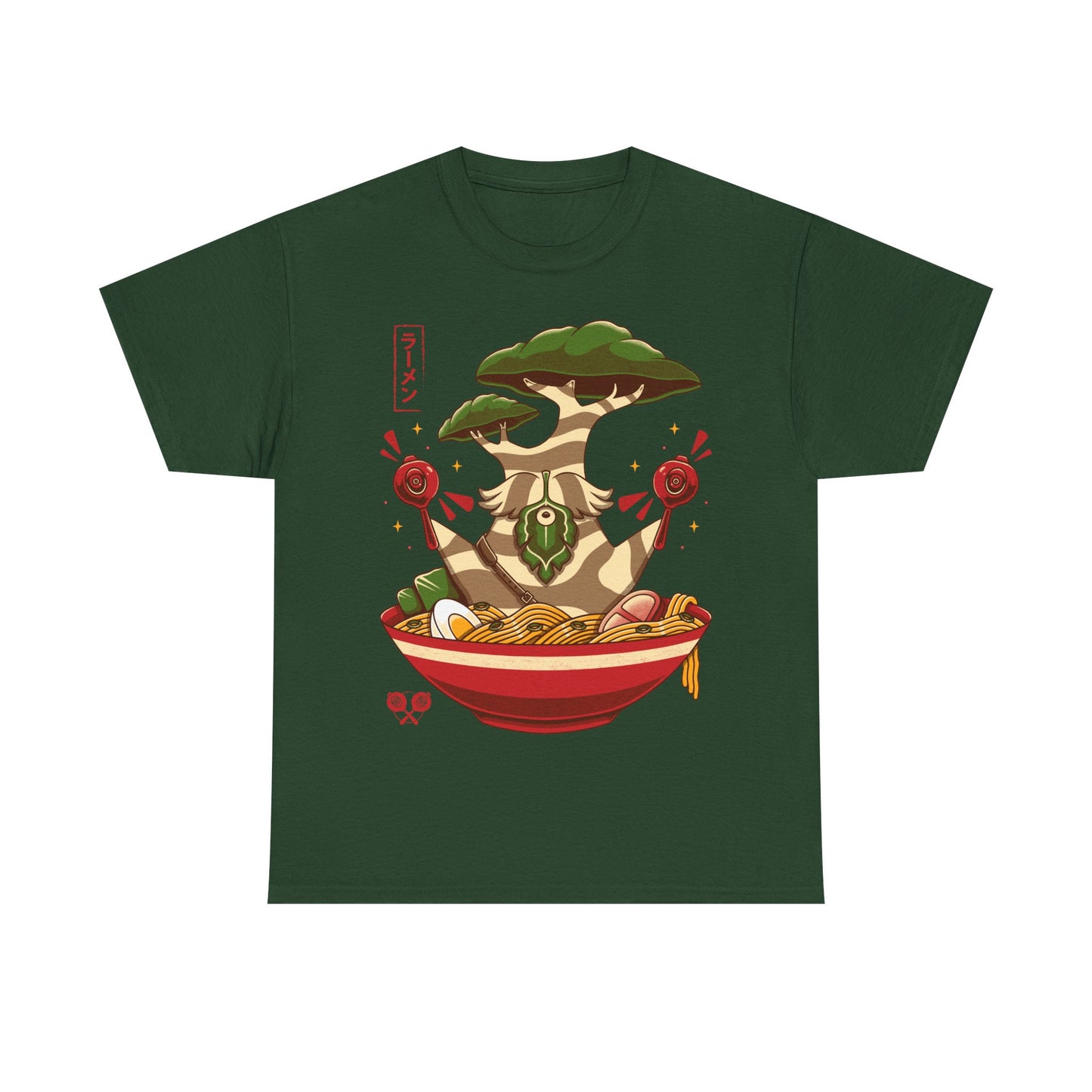 Hestu Korok t-shirt from The Legend of Zelda Breath of the Wild featuring Hestu doing the Shalaka Dance inside a ramen noodle bowl in cute gamer style.