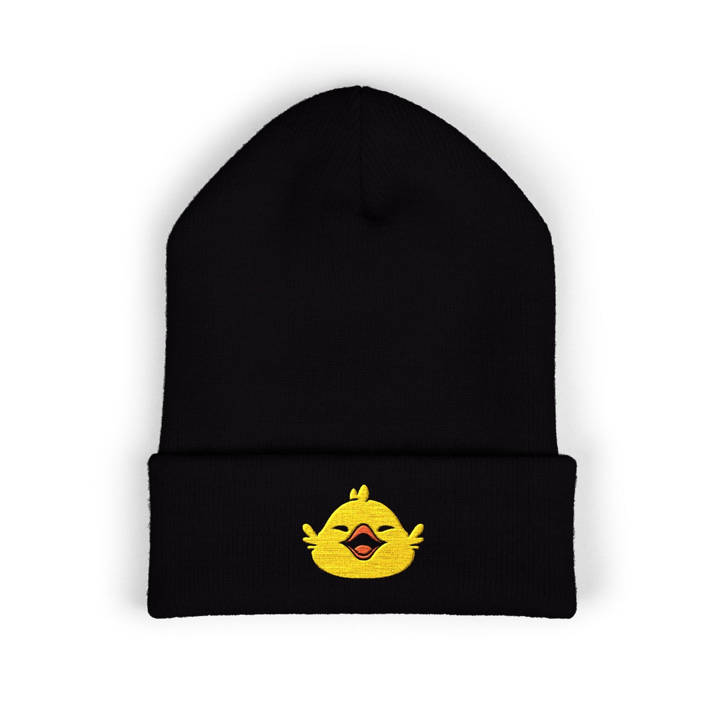 Fat Chocobo embroidered gaming beanie inspired by Final Fantasy XIV and Final Fantasy RPG video games displayed as a stylish cuffed winter hat.