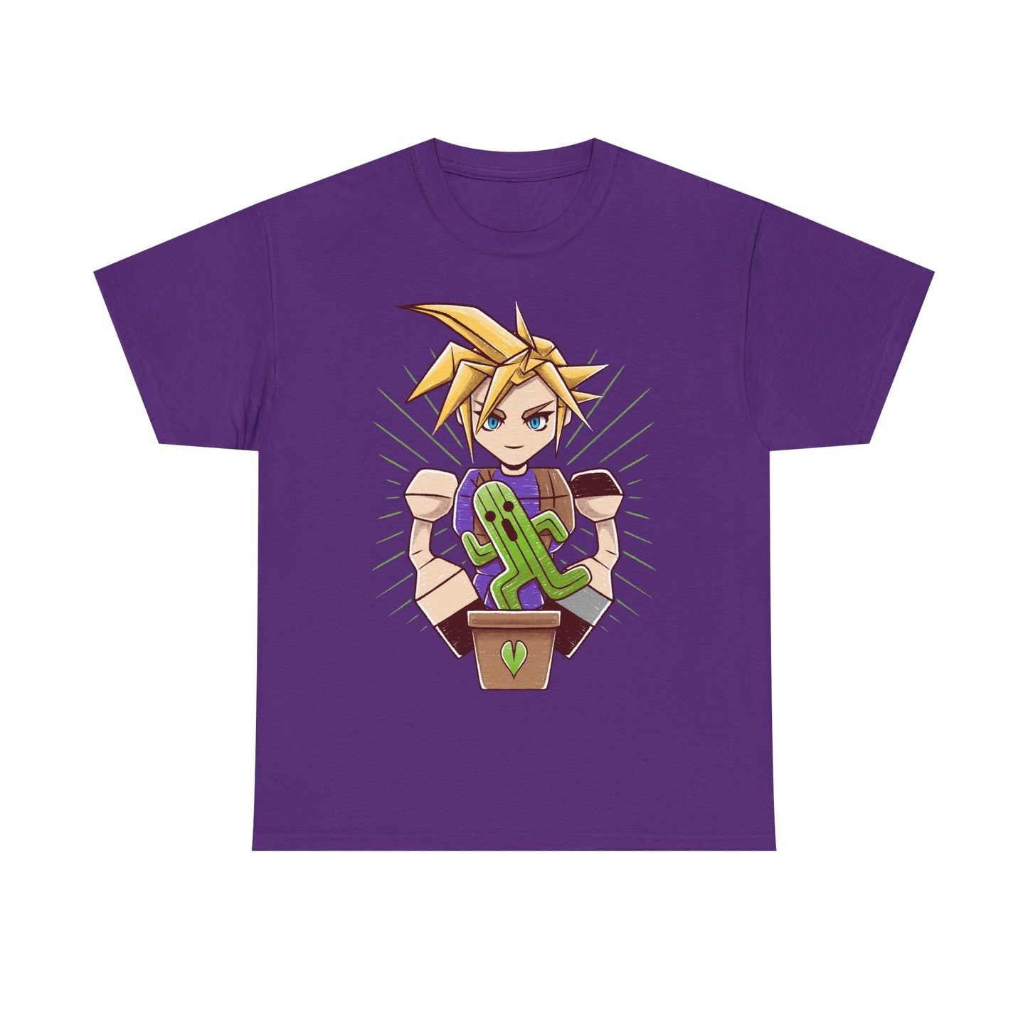 Final Fantasy VII t-shirt featuring Cloud Strife caring for a garden of Cactuars inspired by the legendary 10,000 Needles attack.