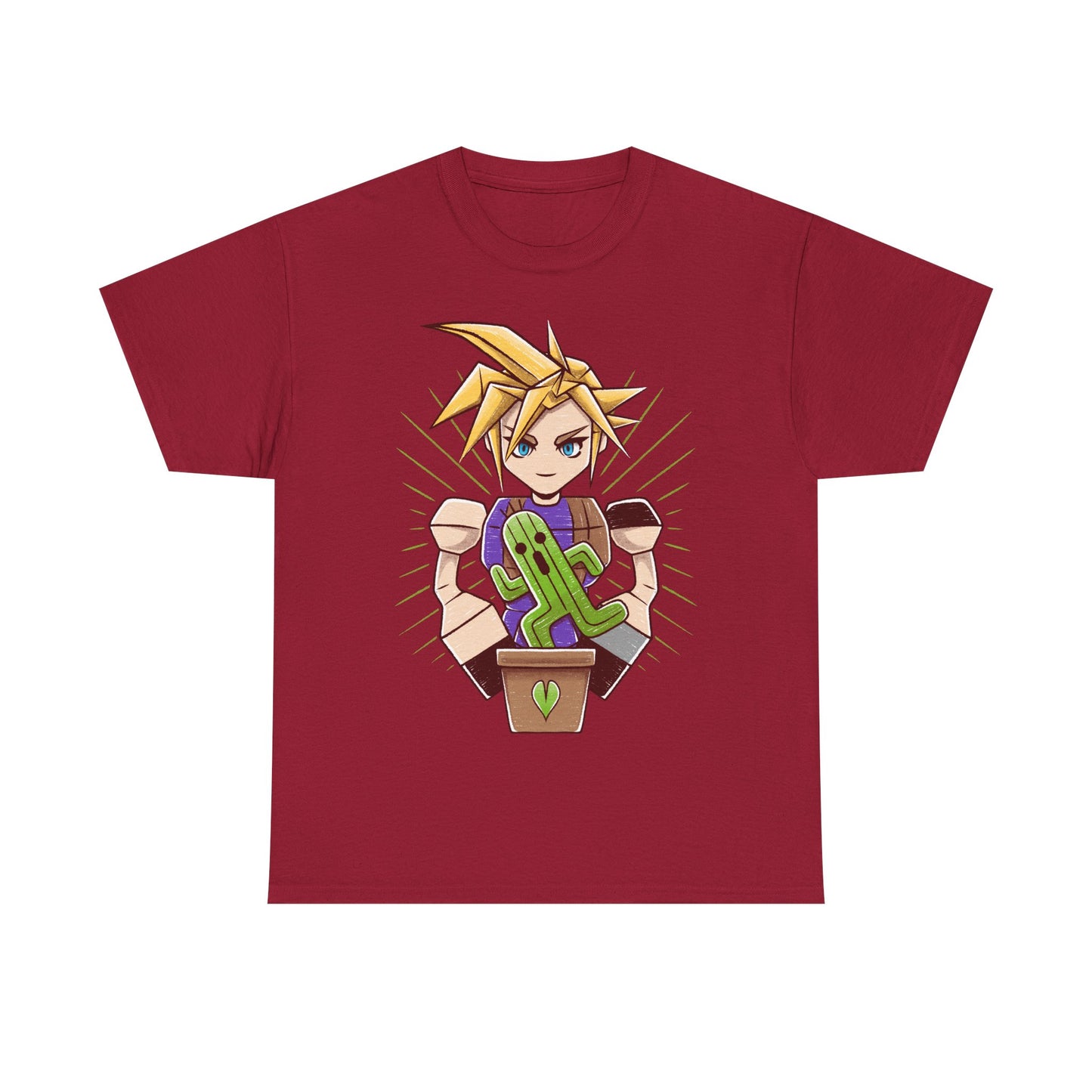 Final Fantasy VII t-shirt featuring Cloud Strife caring for a garden of Cactuars inspired by the legendary 10,000 Needles attack.