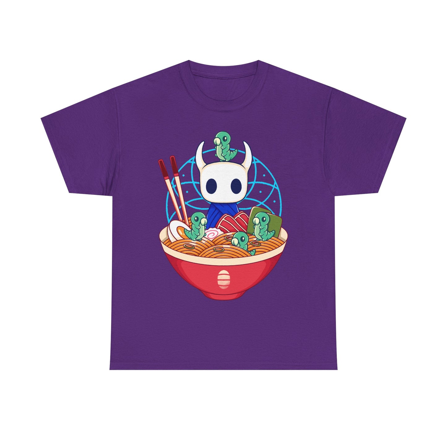 Cute Hollow Knight T-shirt featuring The Knight and adorable Grubs sitting inside a colorful ramen noodle bowl in a kawaii Japanese art style. The design blends food-themed illustration with indie game aesthetics, creating a fun and cozy look perfect for Hollow Knight fans, metroidvania lovers, ramen enthusiasts, and collectors. High-quality print ideal for gamers who enjoy cute cartoon art and unique fan-made apparel. hollow knight the knight ramen t-shirt, hollow knight ramen shirt, ramen tee