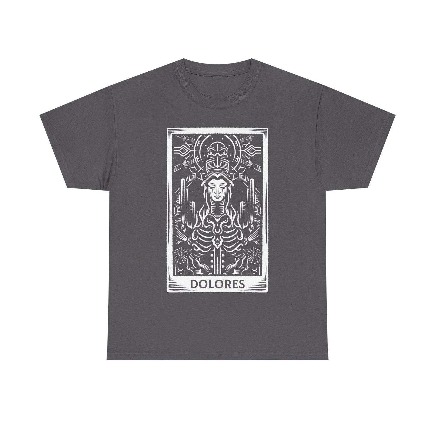 Madre Dolores tarot card t-shirt inspired by Crisol Theater of Idols, gothic horror dark fantasy tarot design featuring the mysterious character in occult tarot card style artwork.
