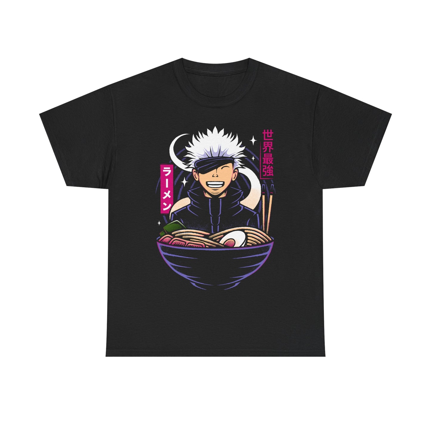 Satoru Gojo Jujutsu Kaisen ramen t-shirt featuring the strongest sorcerer inside a Japanese noodle bowl in anime foodie streetwear style.