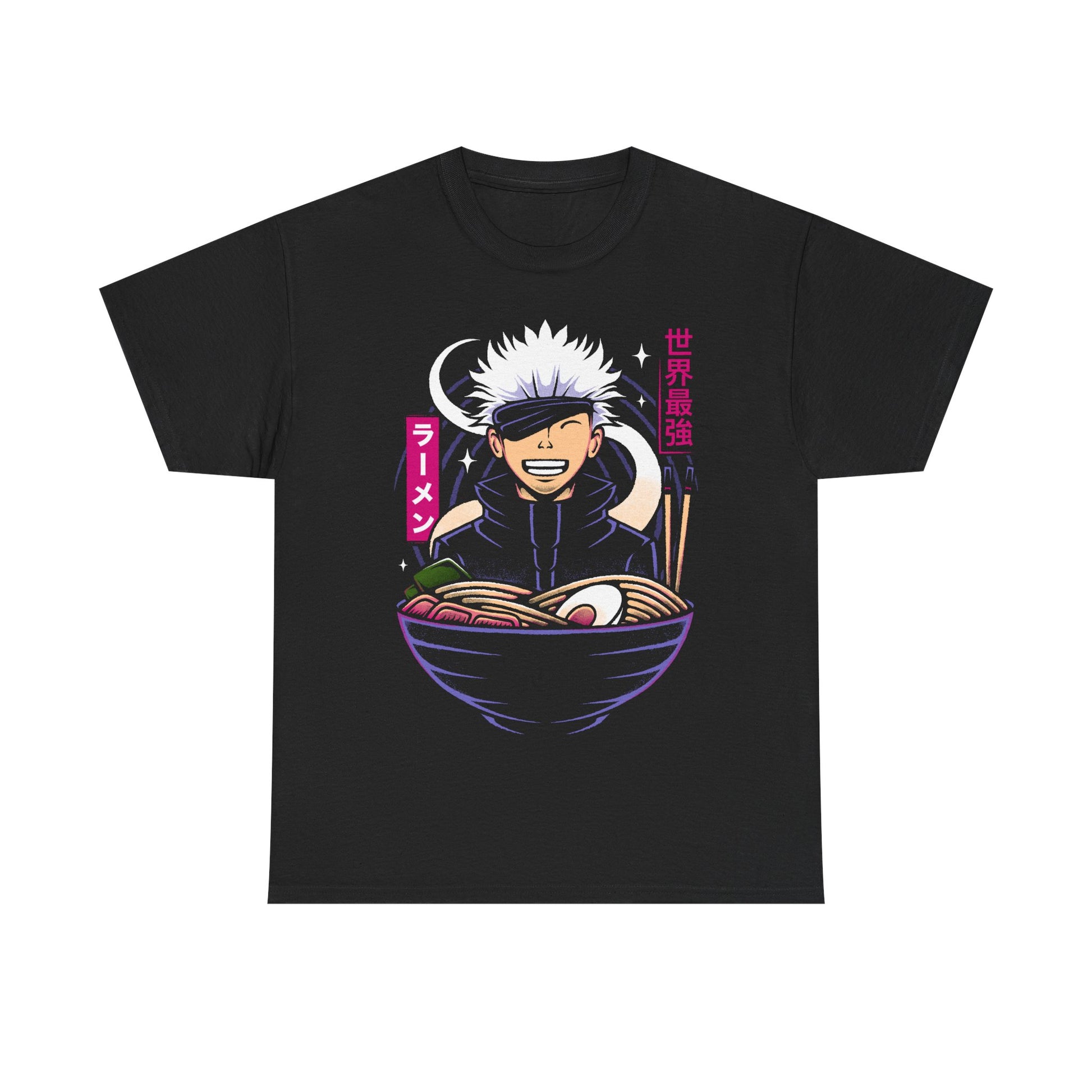 Satoru Gojo Jujutsu Kaisen ramen t-shirt featuring the strongest sorcerer inside a Japanese noodle bowl in anime foodie streetwear style.