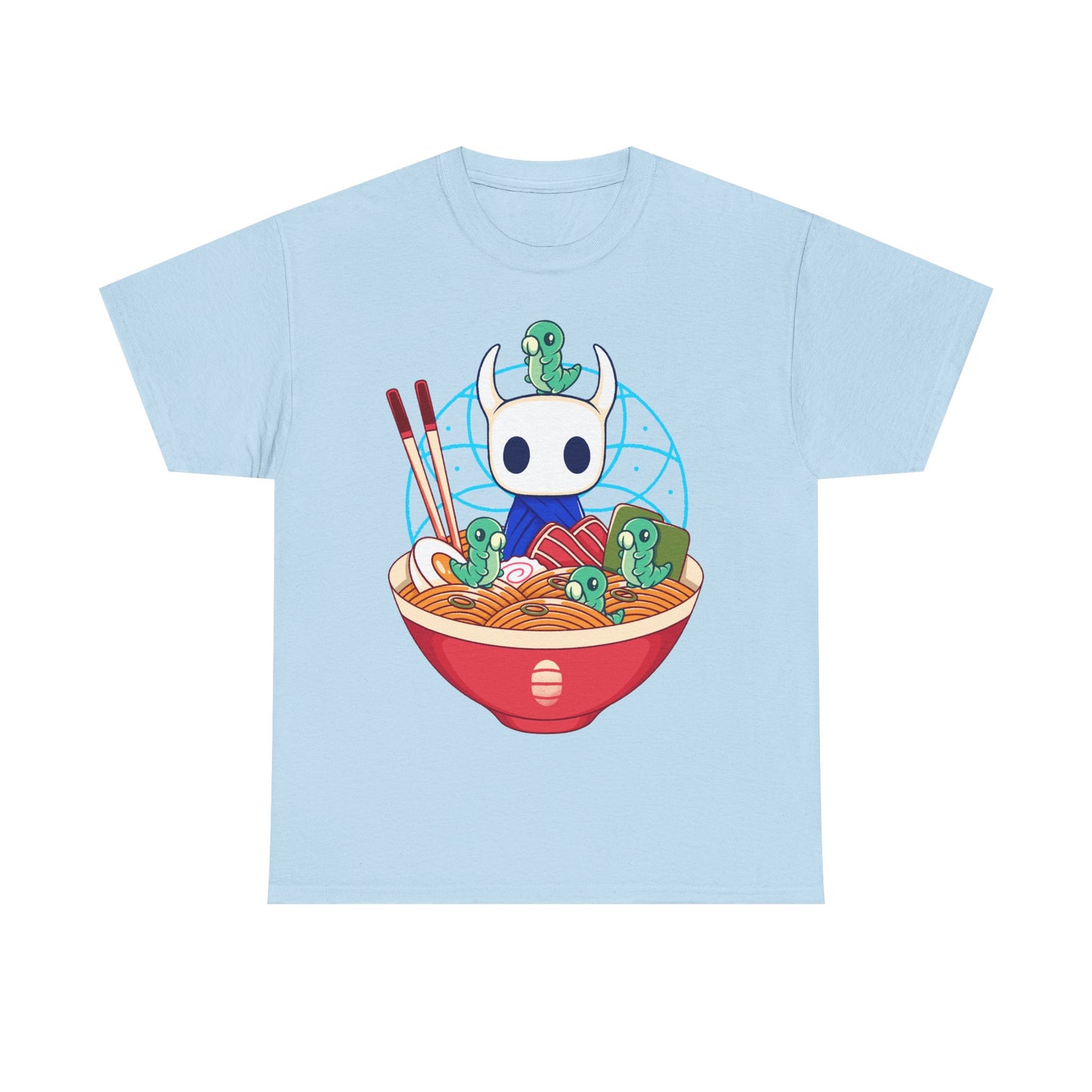 Cute Hollow Knight T-shirt featuring The Knight and adorable Grubs sitting inside a colorful ramen noodle bowl in a kawaii Japanese art style. The design blends food-themed illustration with indie game aesthetics, creating a fun and cozy look perfect for Hollow Knight fans, metroidvania lovers, ramen enthusiasts, and collectors. High-quality print ideal for gamers who enjoy cute cartoon art and unique fan-made apparel. hollow knight the knight ramen t-shirt, hollow knight ramen shirt, ramen tee