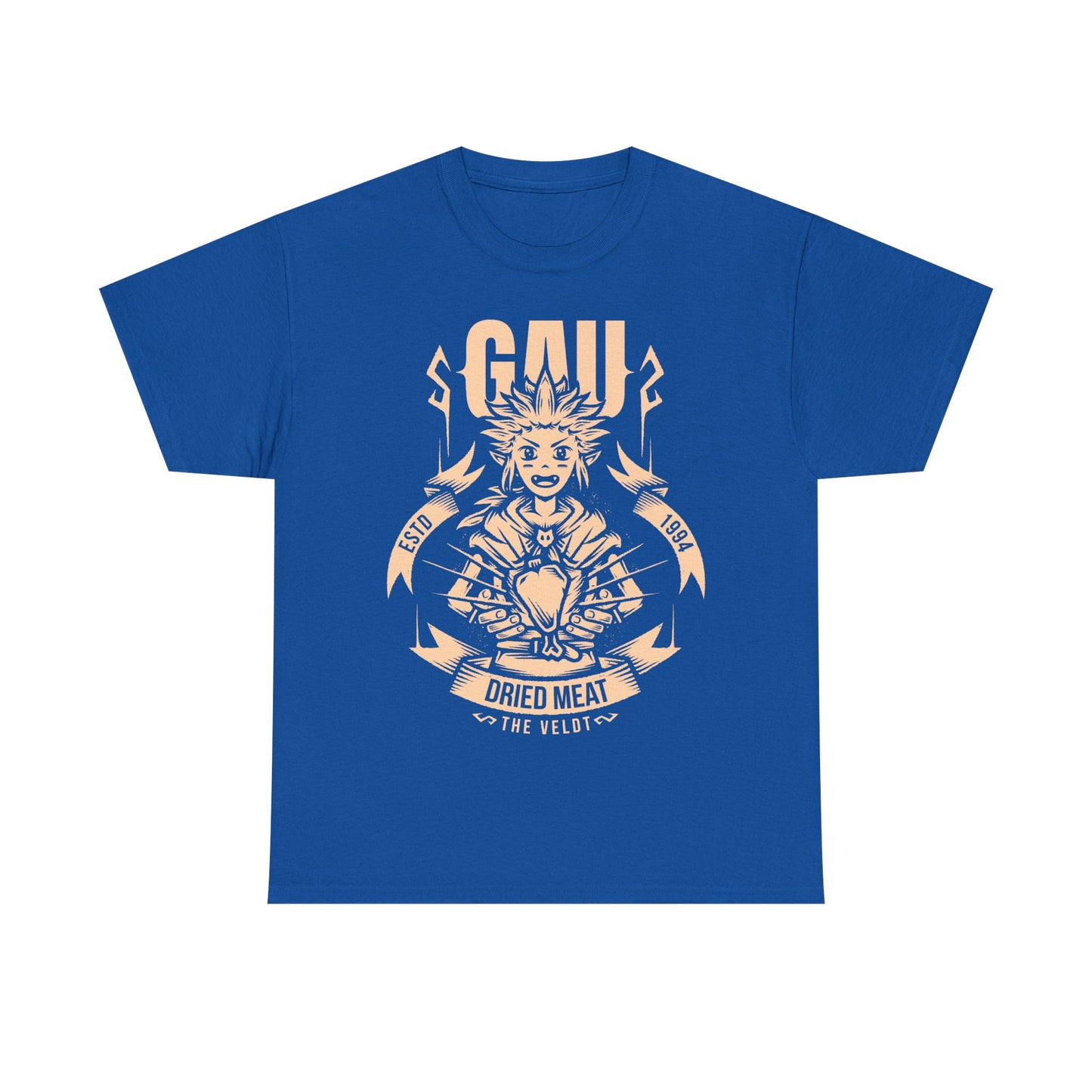 Gau Final Fantasy VI t-shirt featuring the Veldt recruitment scene with Sabin and Cyan using dried meat in the classic FF6 retro RPG. Perfect tee for Final Fantasy 6 gamers who wants unique merch.