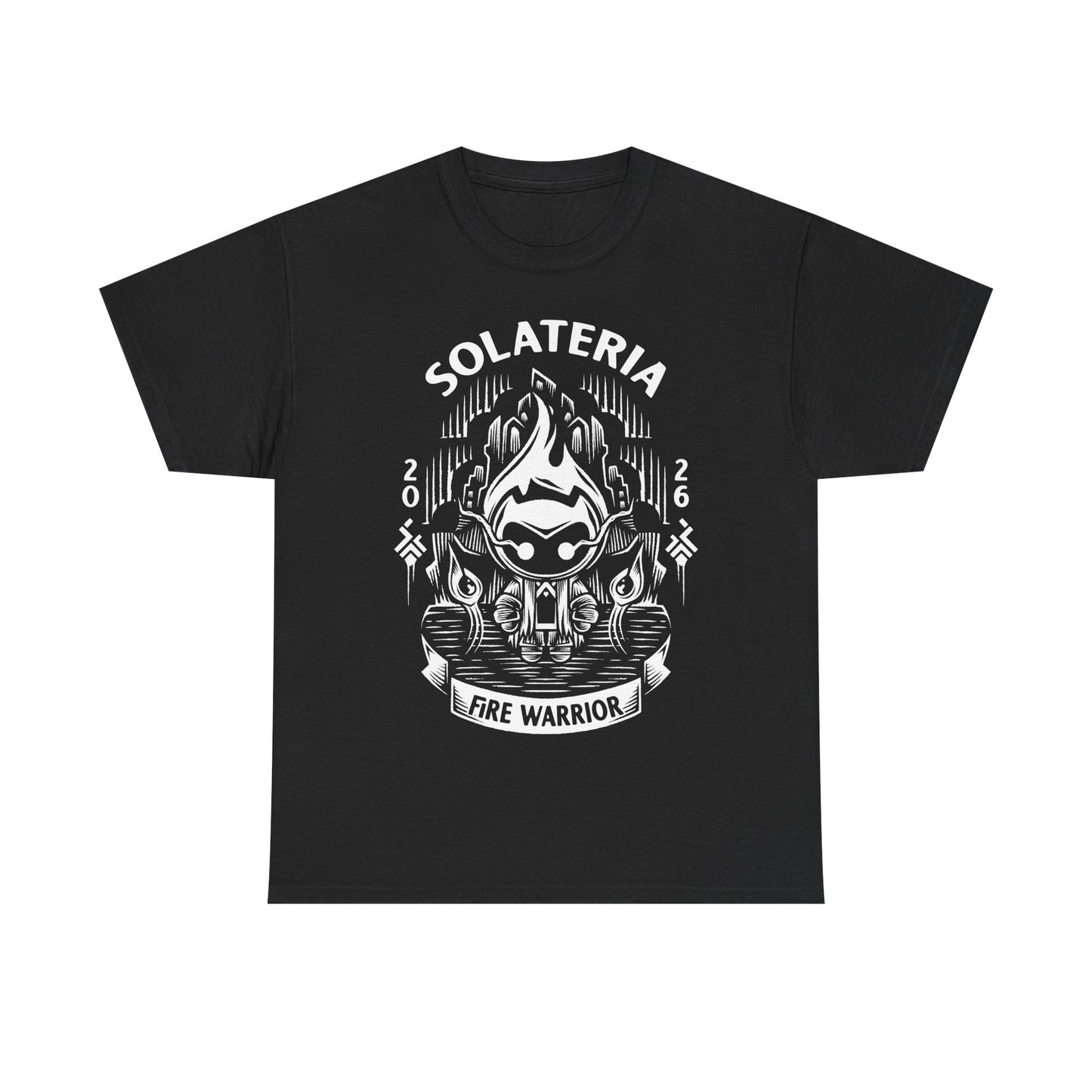 Solateria Fire Warrior t-shirt featuring the protagonist of the indie metroidvania game in a dark fantasy action platformer design.
