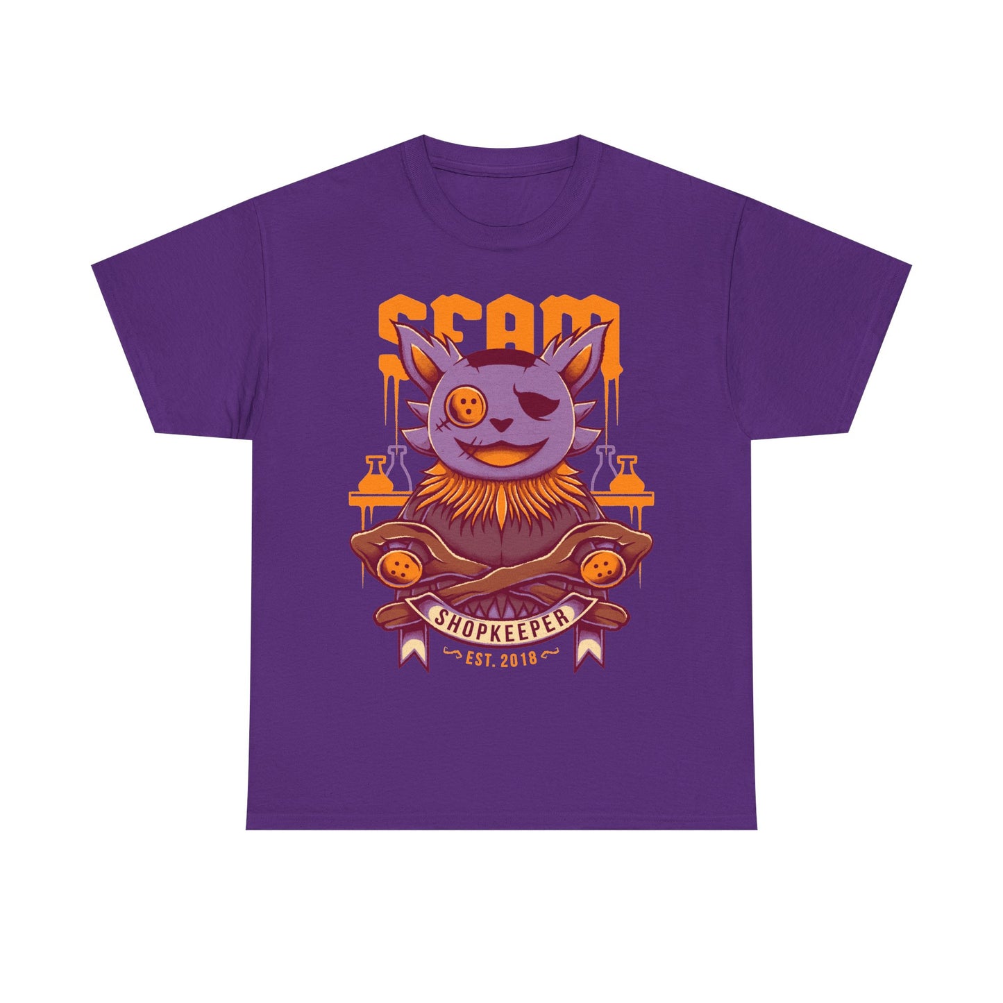 Deltarune Seam Shopkeeper Darkner t-shirt featuring the mysterious purple plush character and former Court Magician from Card Kingdom.