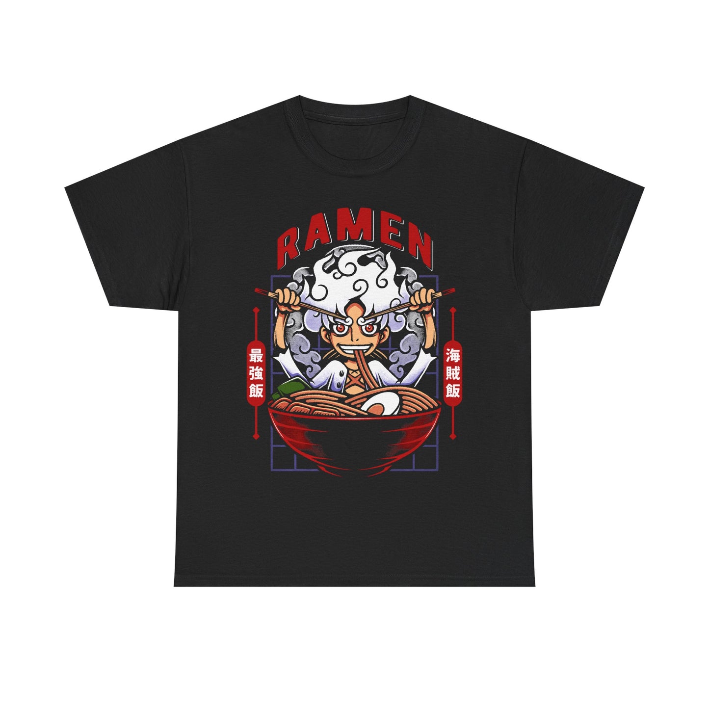Gear 5 Luffy One Piece ramen t-shirt featuring Sun God Nika inside a Japanese noodle bowl with chopsticks in a foodie anime streetwear design inspired by the Straw Hat Pirates.